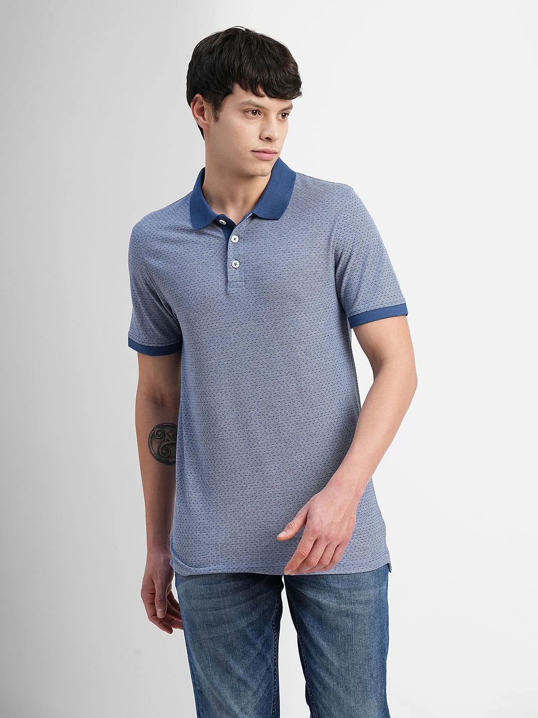 Blue Printed Polo Neck T-shirt - Image 2