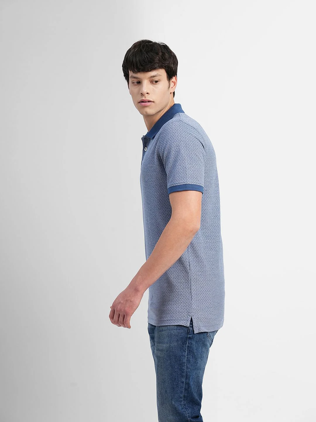 Blue Printed Polo Neck T-shirt - Image 3