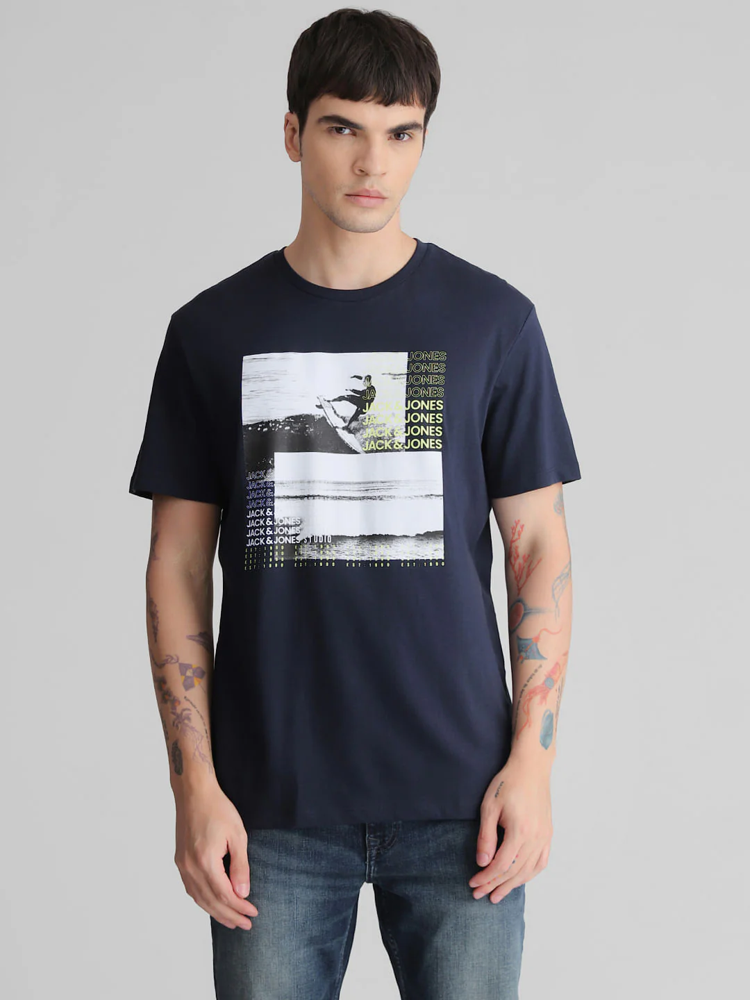 Blue Graphic Print Crew Neck T-shirt - Image 2