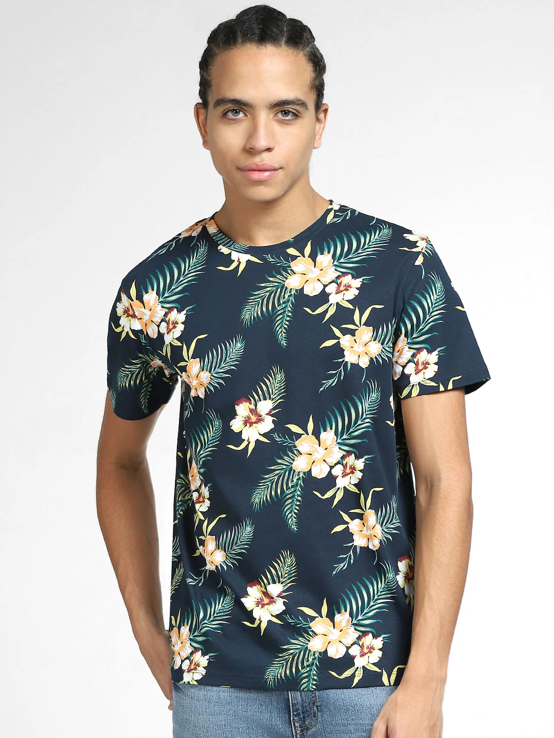 Navy Blue Tropical Print Crew Neck T-shirt - Image 2