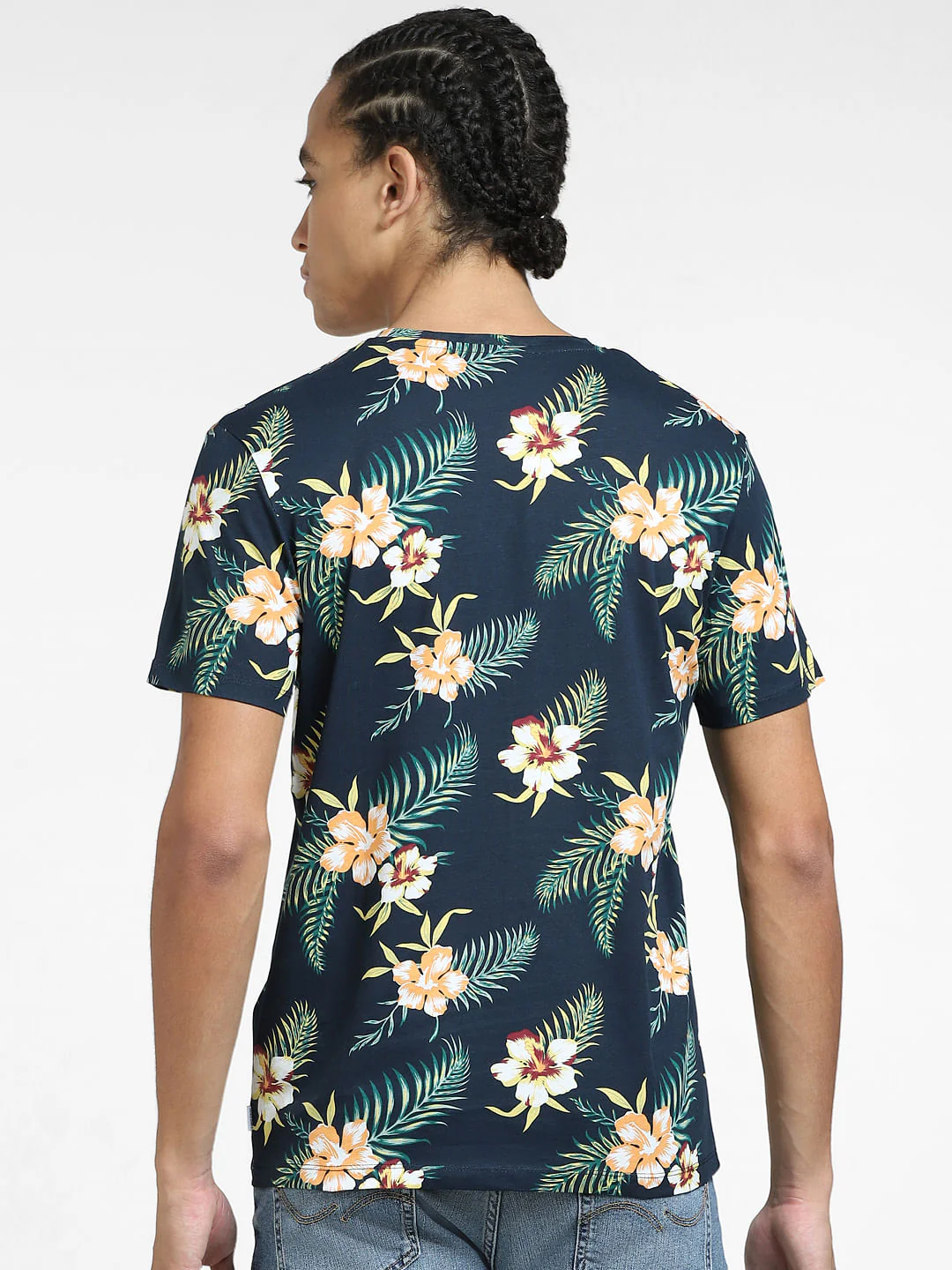 Navy Blue Tropical Print Crew Neck T-shirt - Image 4