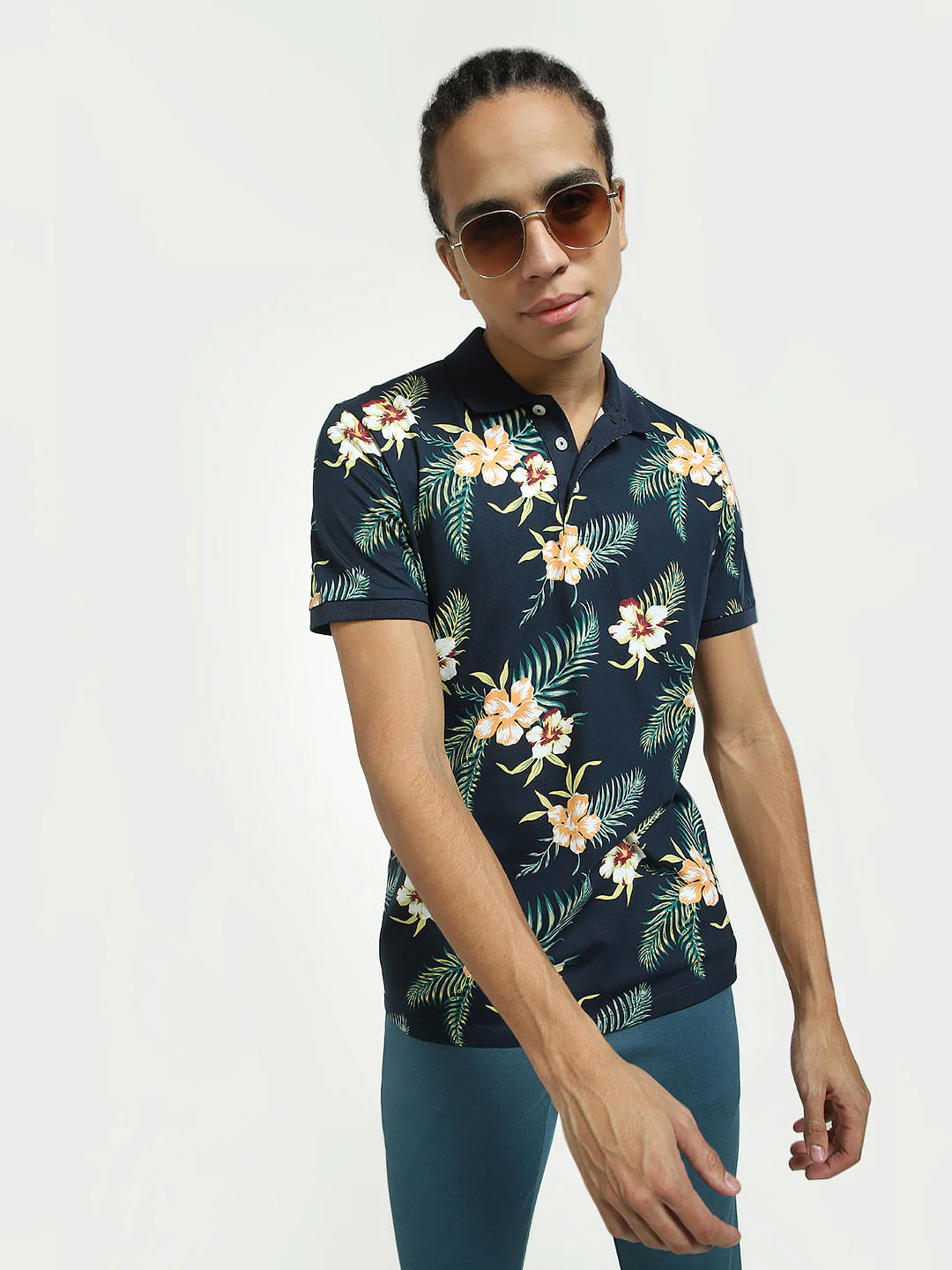 Navy Blue Tropical Print Polo T-shirt