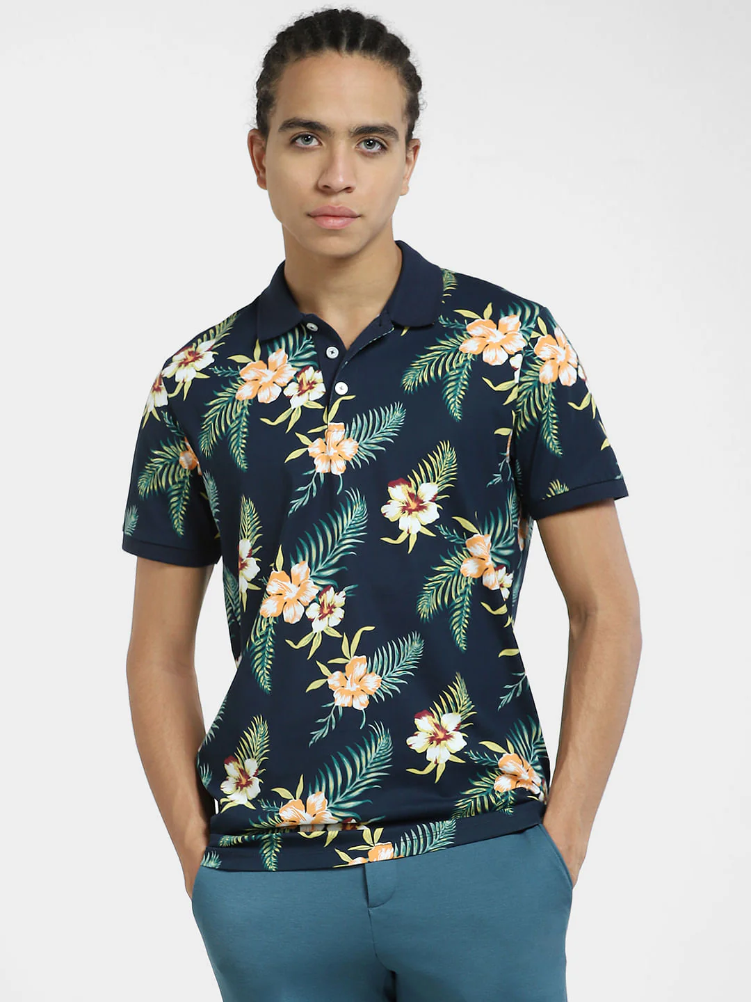 Navy Blue Tropical Print Polo T-shirt - Image 2