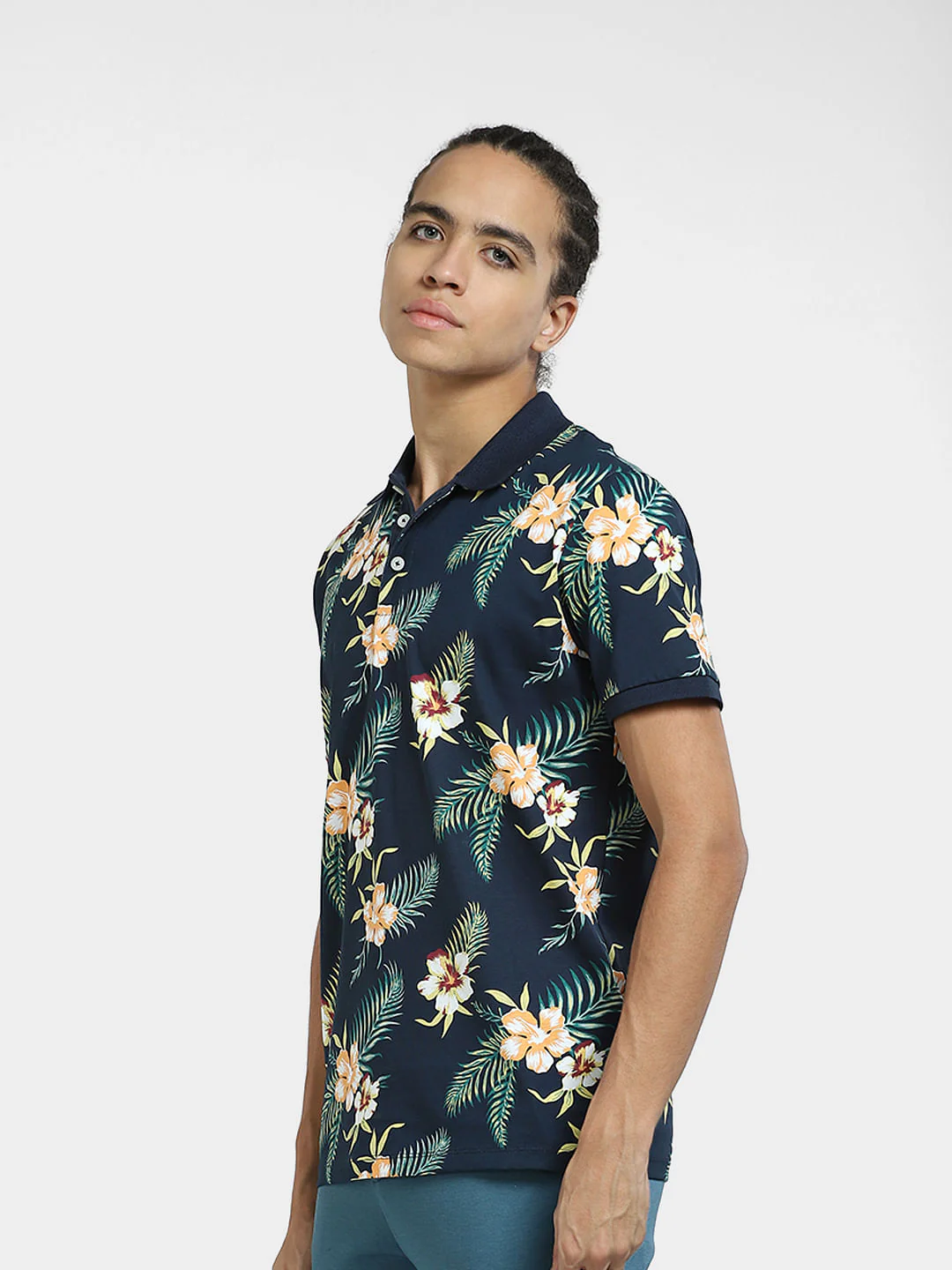 Navy Blue Tropical Print Polo T-shirt - Image 3