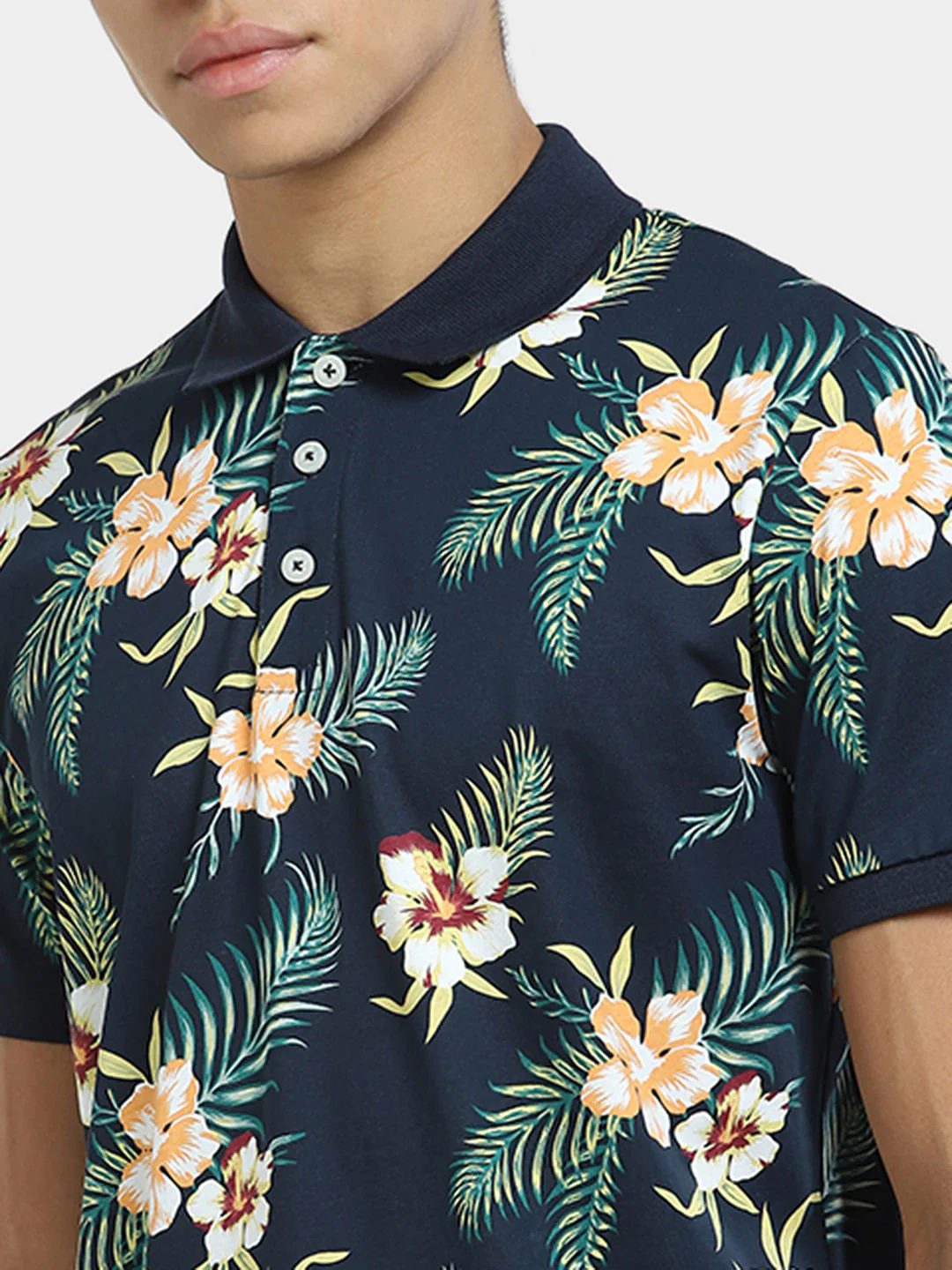 Navy Blue Tropical Print Polo T-shirt - Image 5