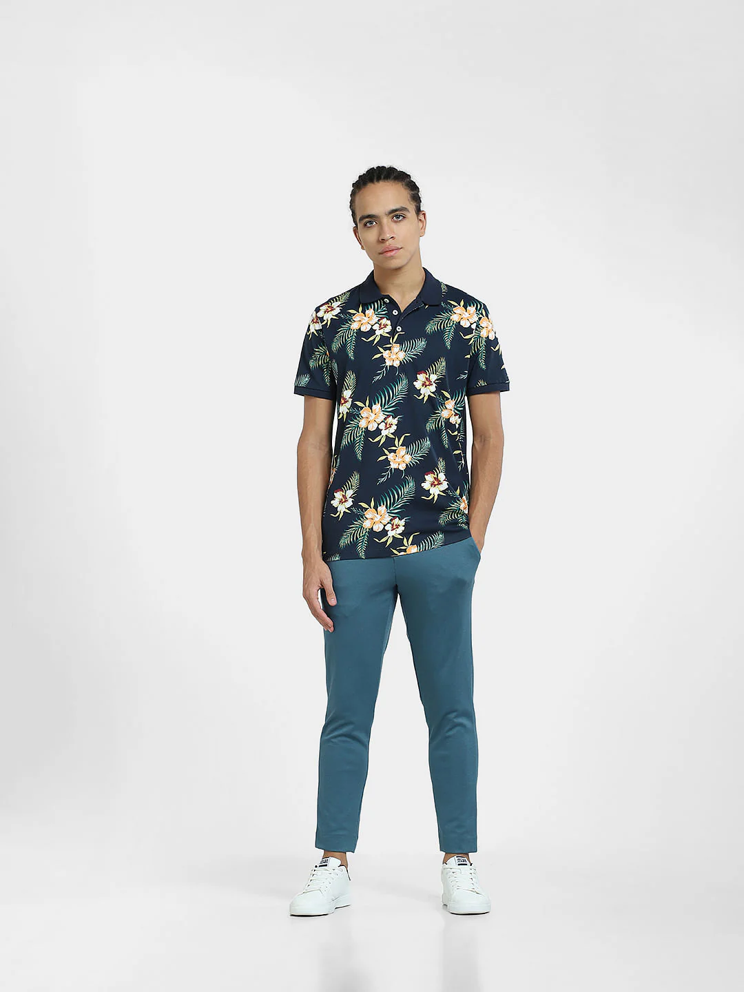 Navy Blue Tropical Print Polo T-shirt - Image 6
