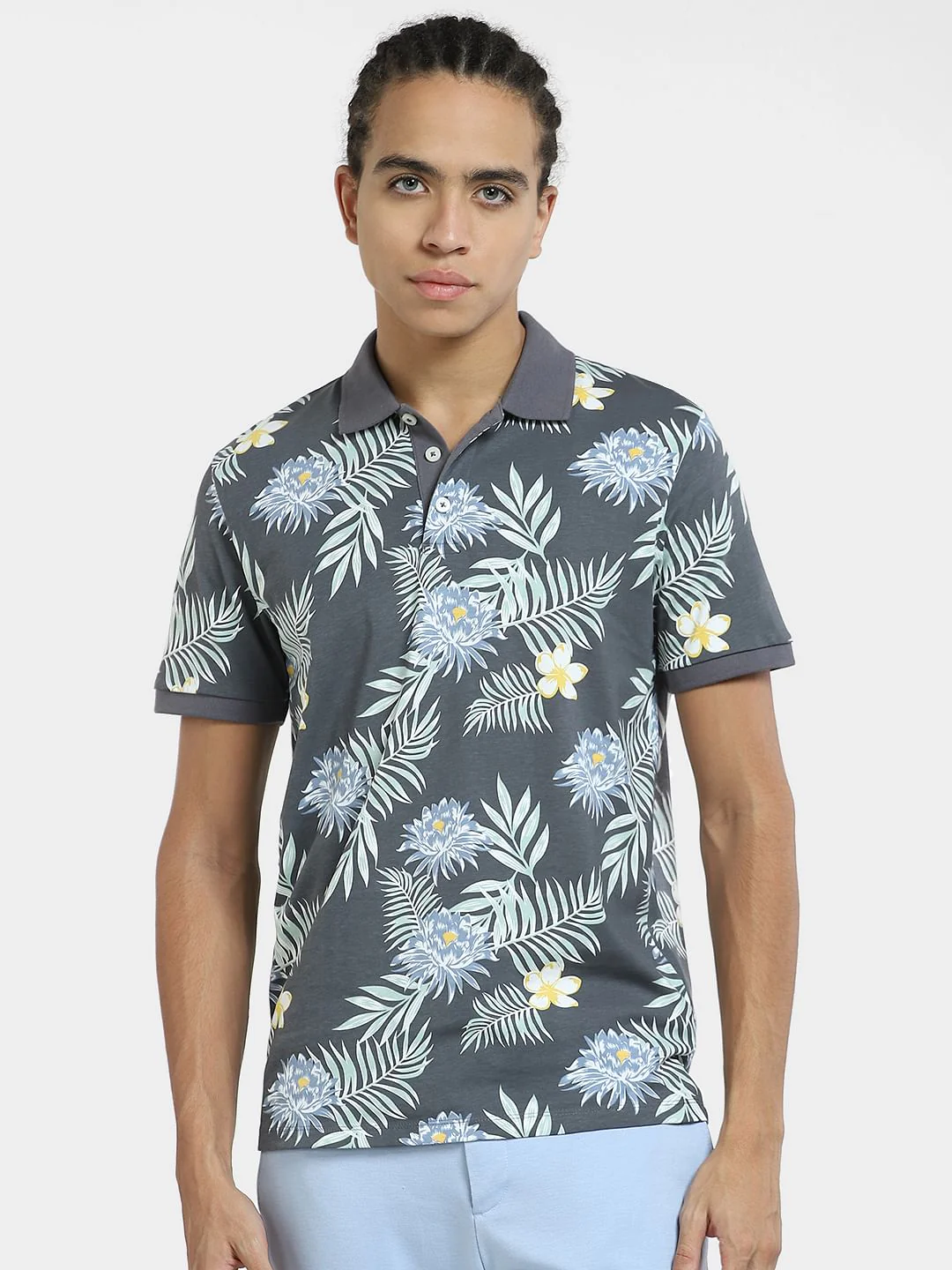 Grey Tropical Print Polo T-shirt - Image 2
