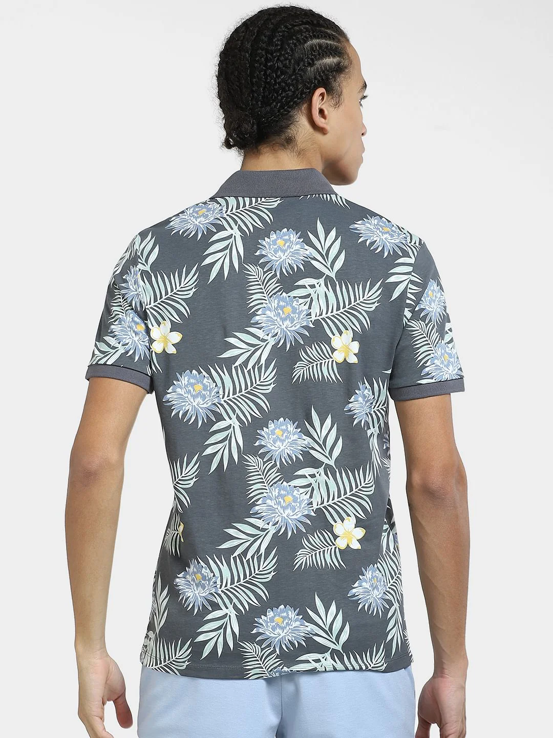 Grey Tropical Print Polo T-shirt - Image 4