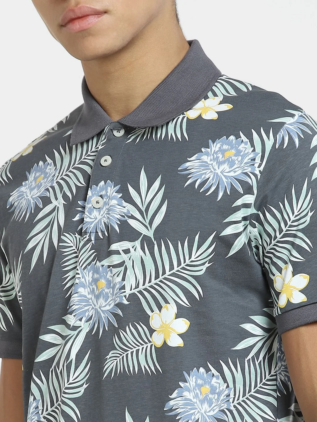 Grey Tropical Print Polo T-shirt - Image 5