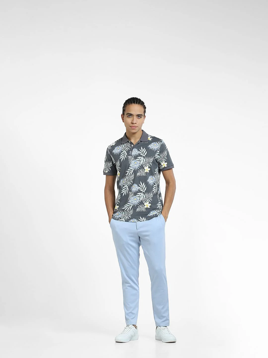Grey Tropical Print Polo T-shirt - Image 6