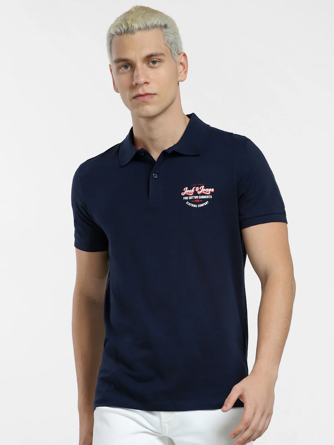 Navy Blue Logo Print Polo Neck T-shirt - Image 2