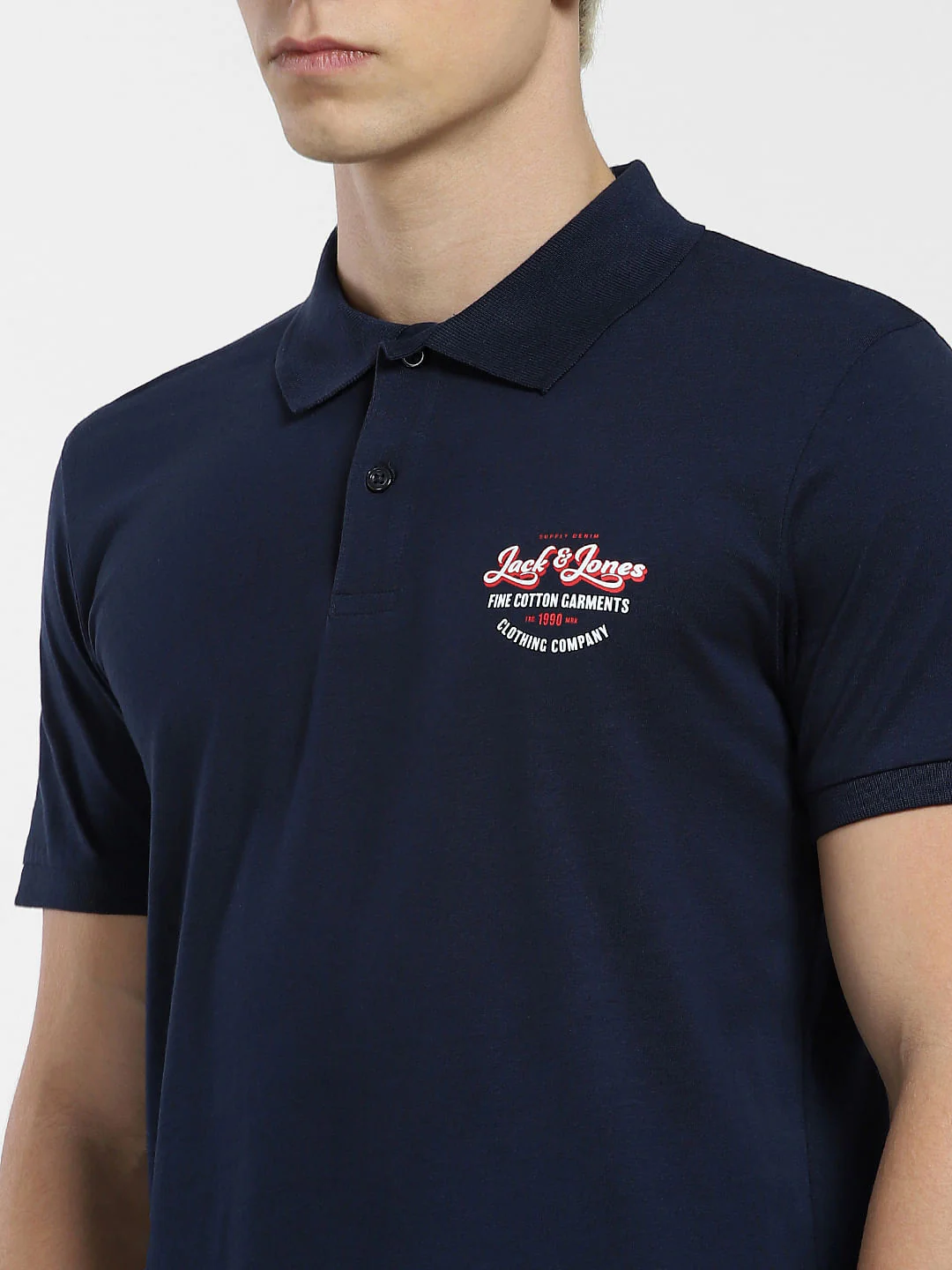 Navy Blue Logo Print Polo Neck T-shirt - Image 5