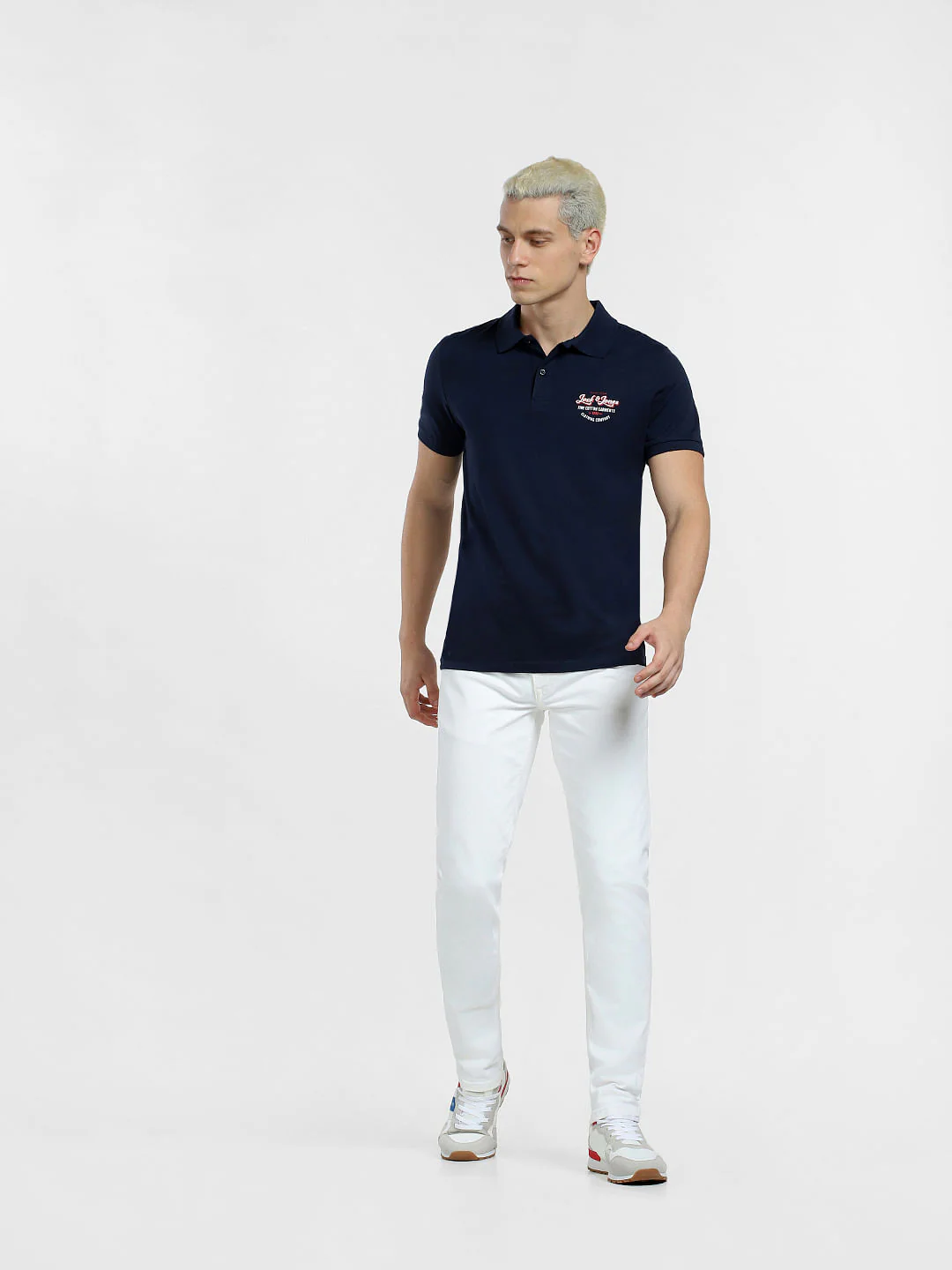 Navy Blue Logo Print Polo Neck T-shirt - Image 6