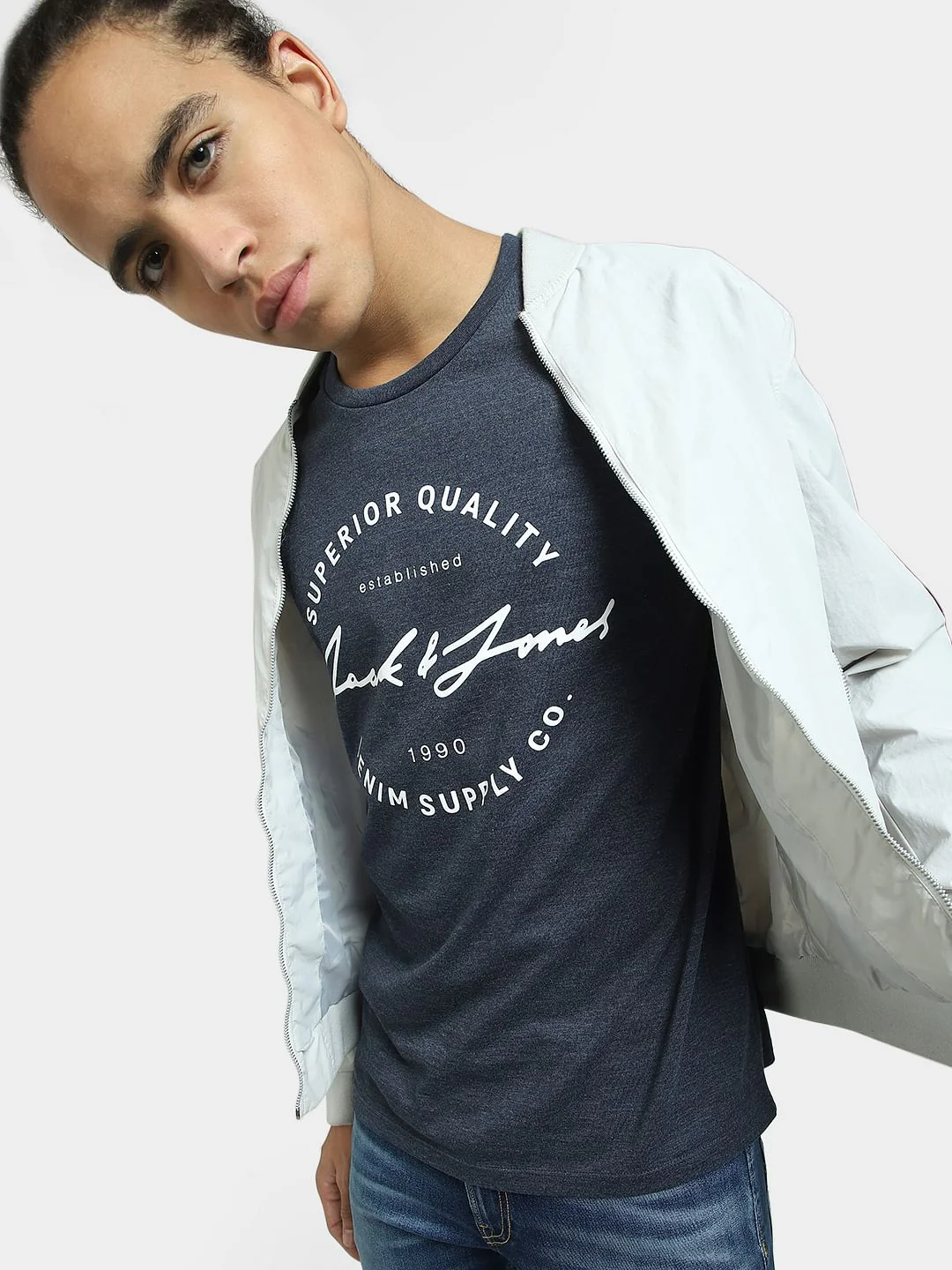 Navy Blue Logo Print Crew Neck T-shirt