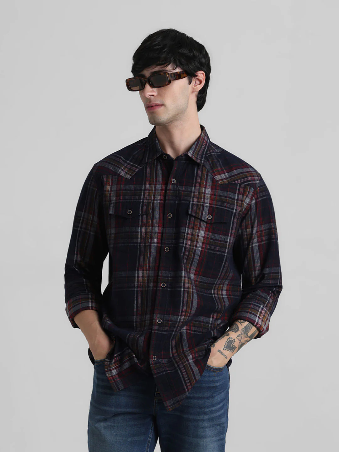 Navy Blue Check Full Sleeves Shirt