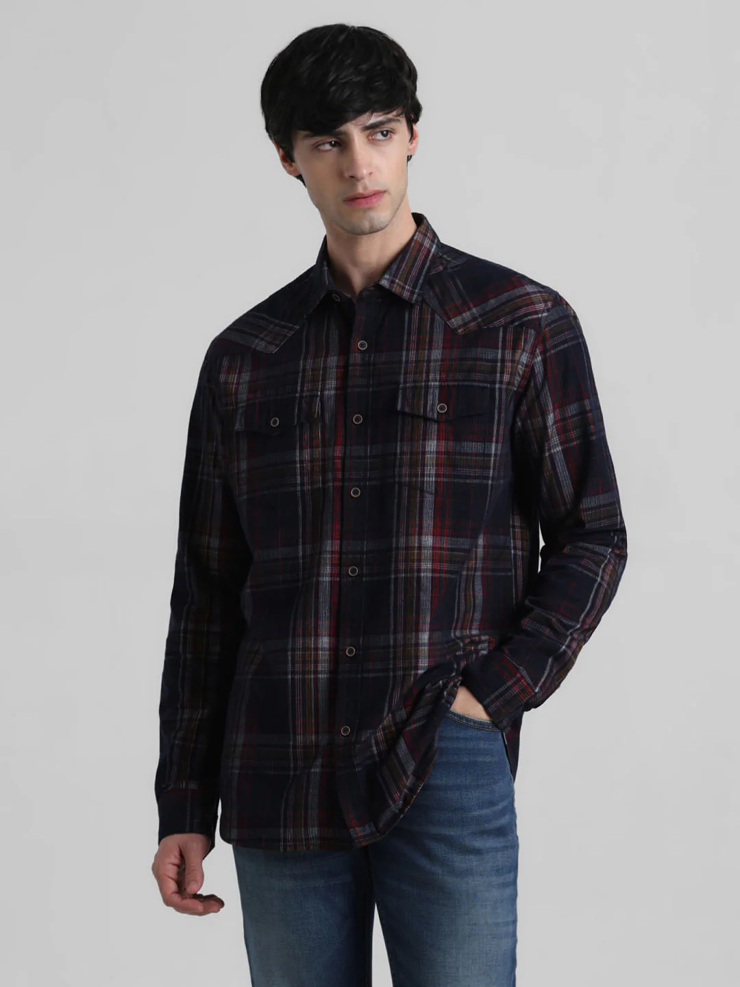 Navy Blue Check Full Sleeves Shirt - Image 2