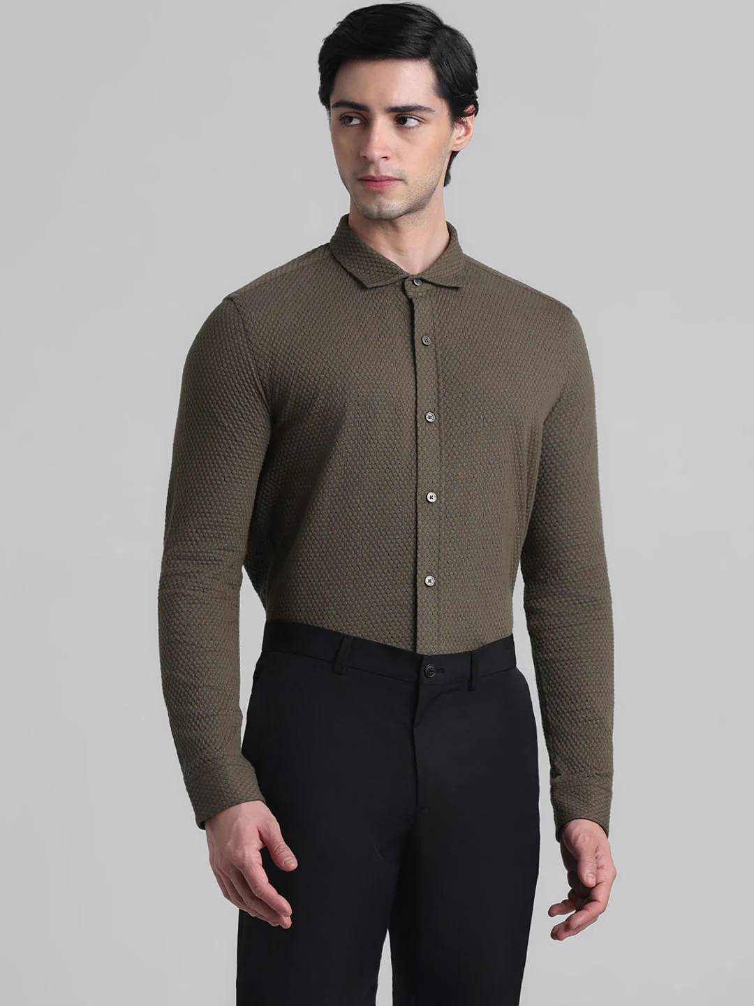 Olive Knitted Full Sleeves Shirt - Image 2