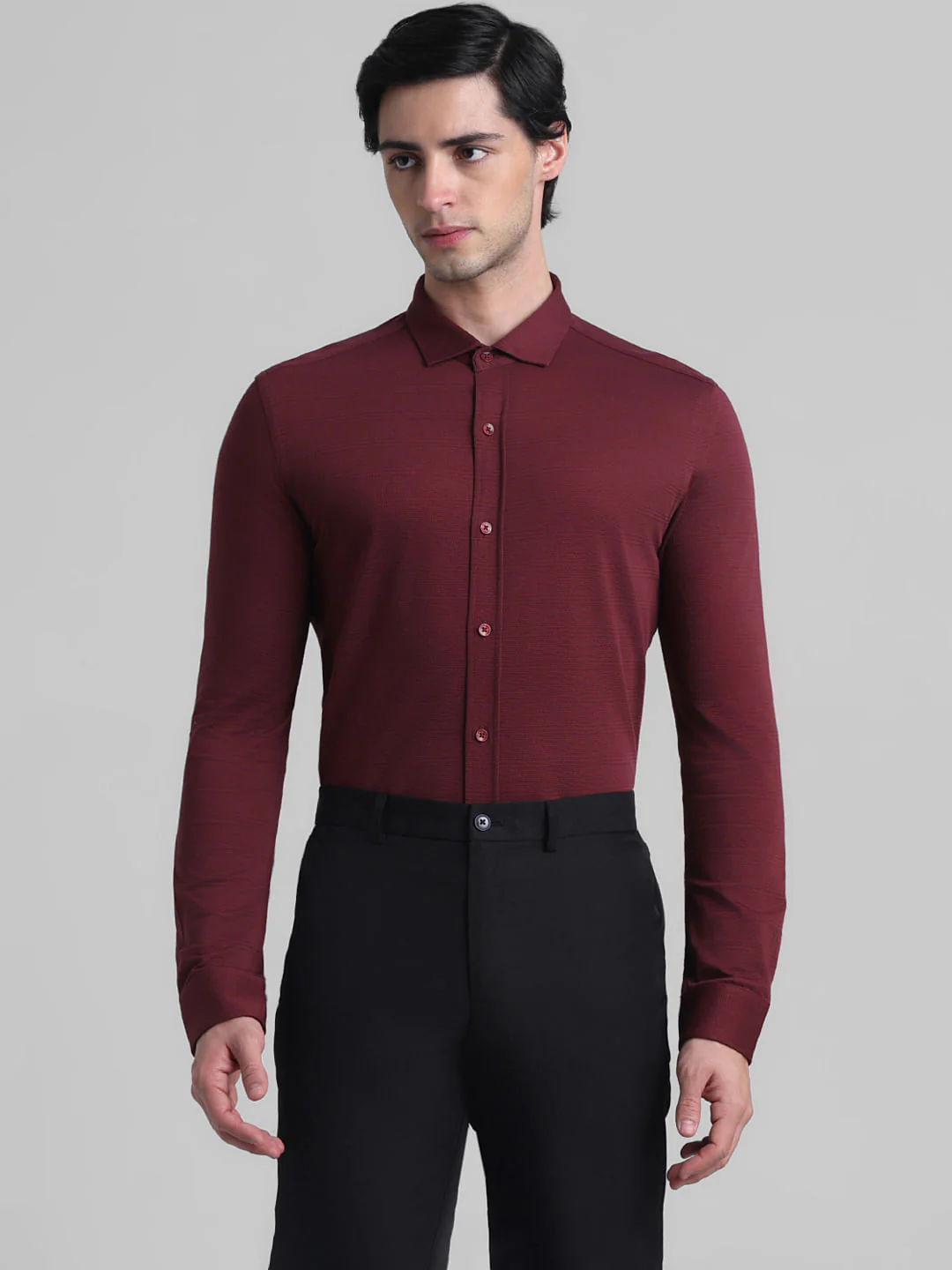 Dark Red Knitted Full Sleeves Shirt - Image 2