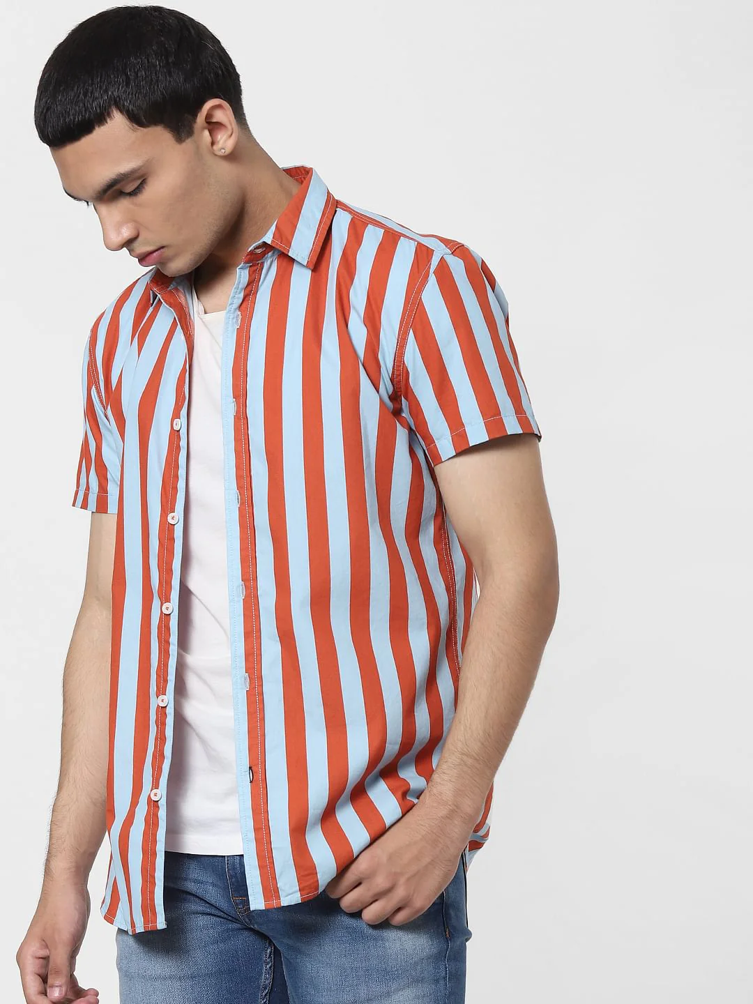 Orange Striped Short Sleeves Shirt