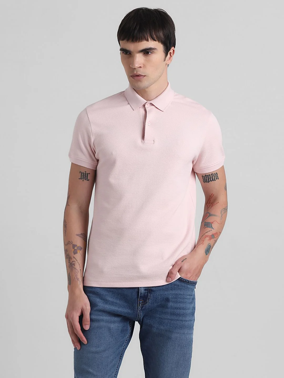 Light Pink Textured Polo T-shirt - Image 2