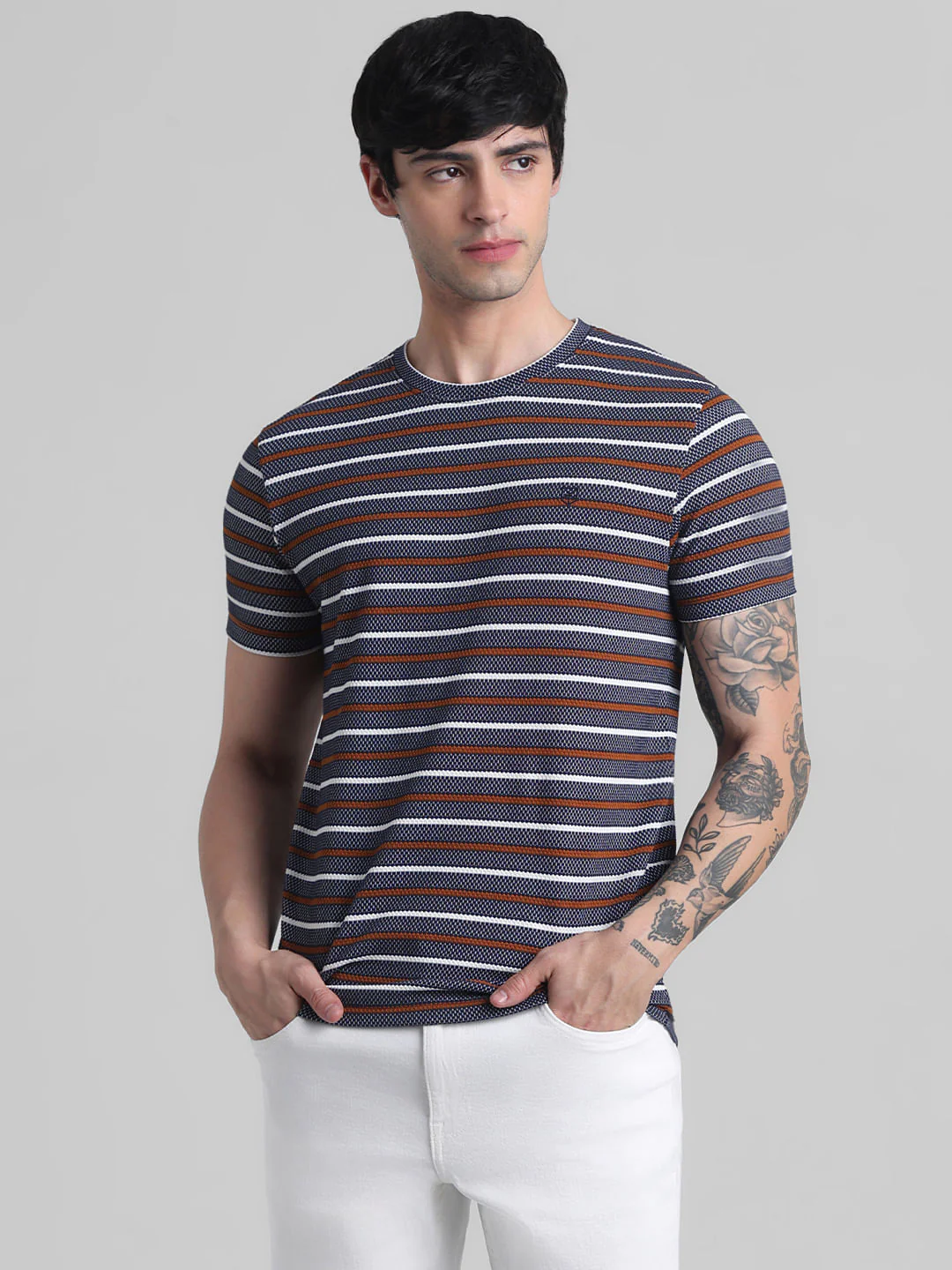 Navy Blue Striped Crew Neck T-shirt - Image 2