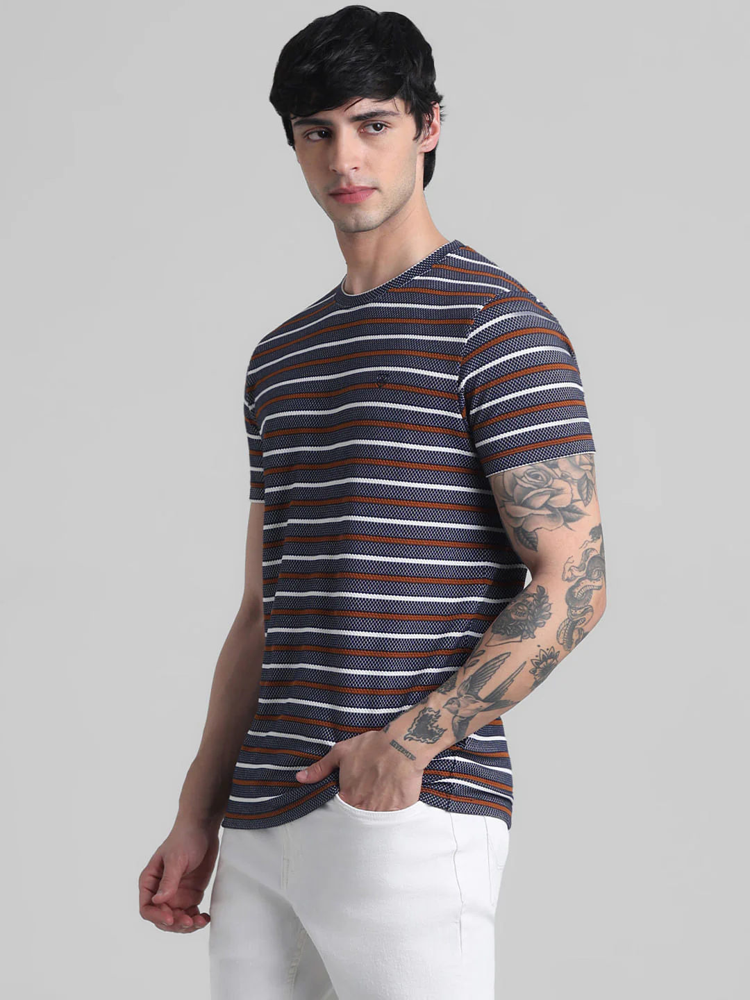 Navy Blue Striped Crew Neck T-shirt - Image 3