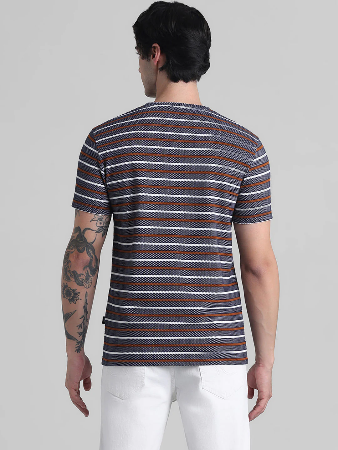 Navy Blue Striped Crew Neck T-shirt - Image 4