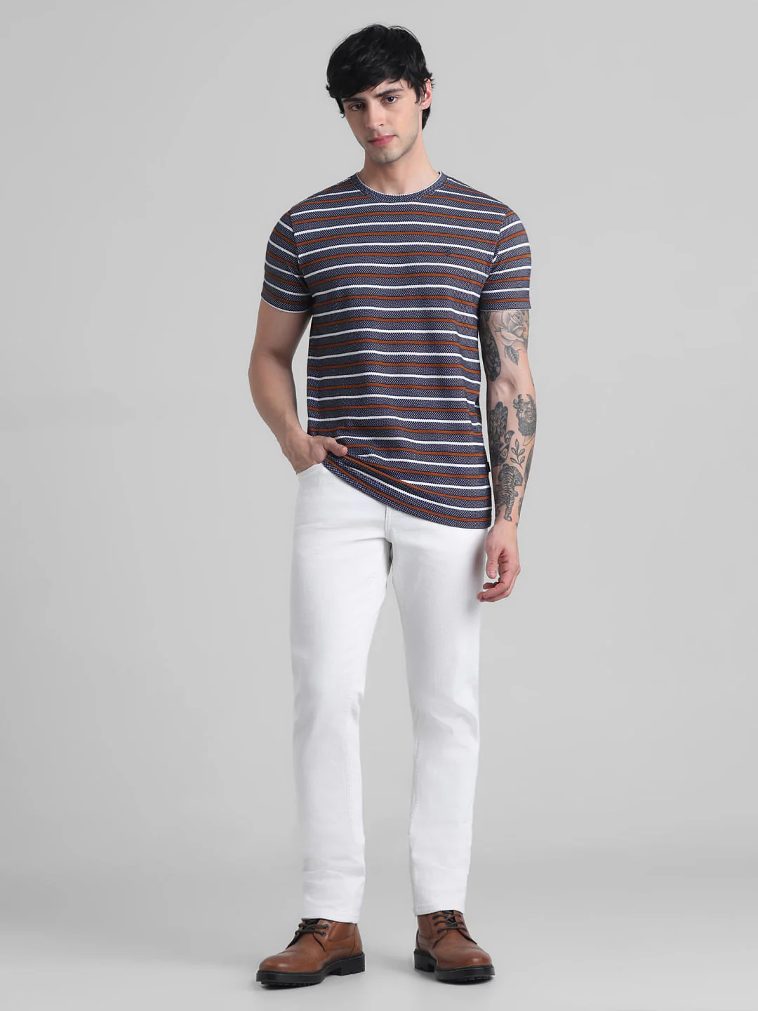 Navy Blue Striped Crew Neck T-shirt - Image 6