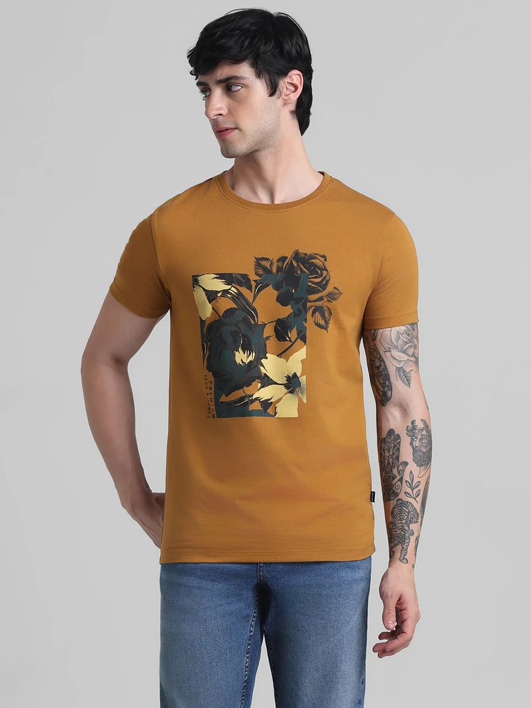 Golden Brown Floral Print T-shirt - Image 2