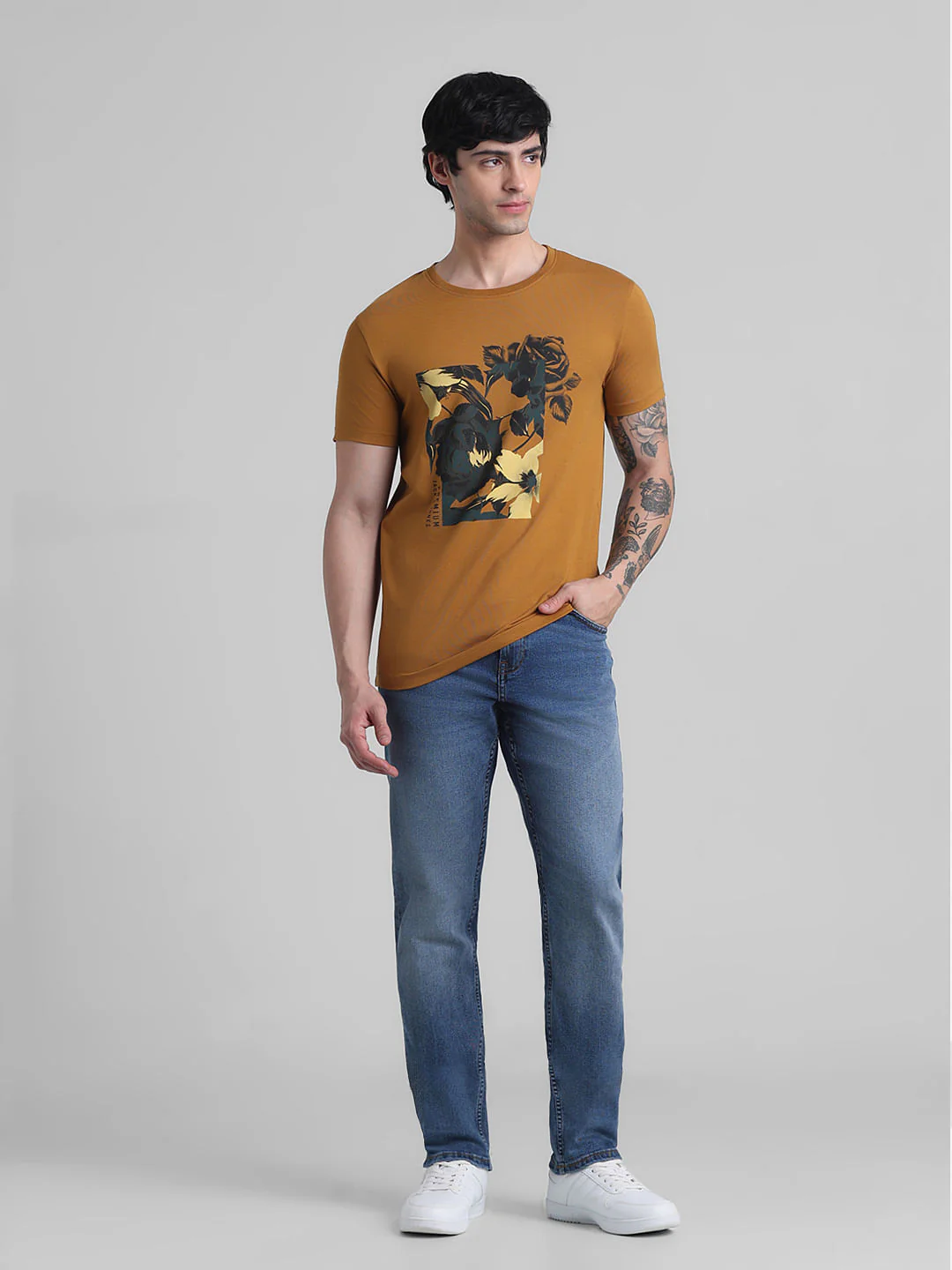 Golden Brown Floral Print T-shirt - Image 6