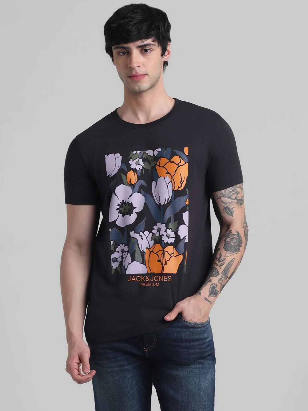 Black Floral Print T-shirt - Image 2