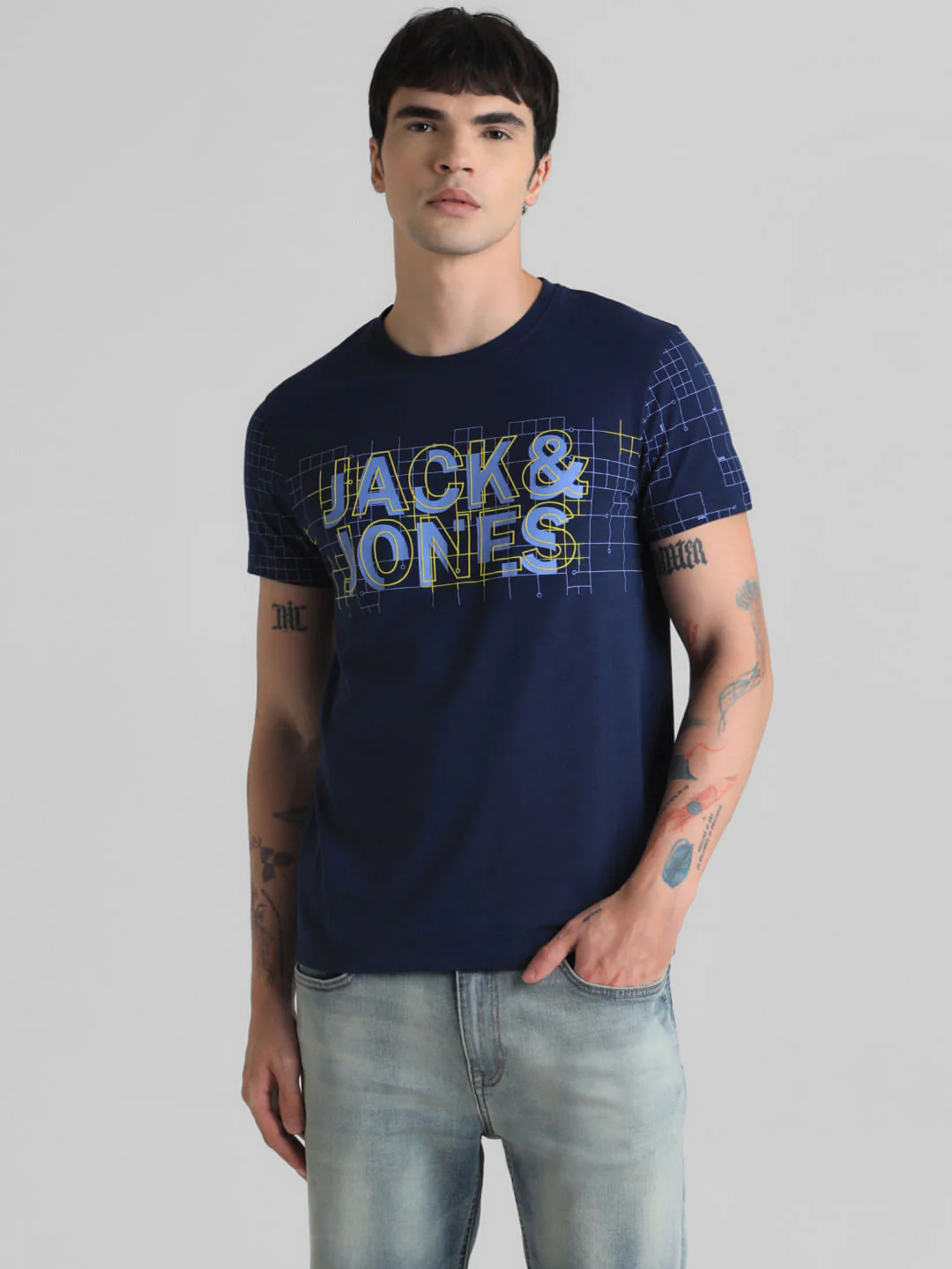 Blue Grid Print Crew Neck T-shirt - Image 2