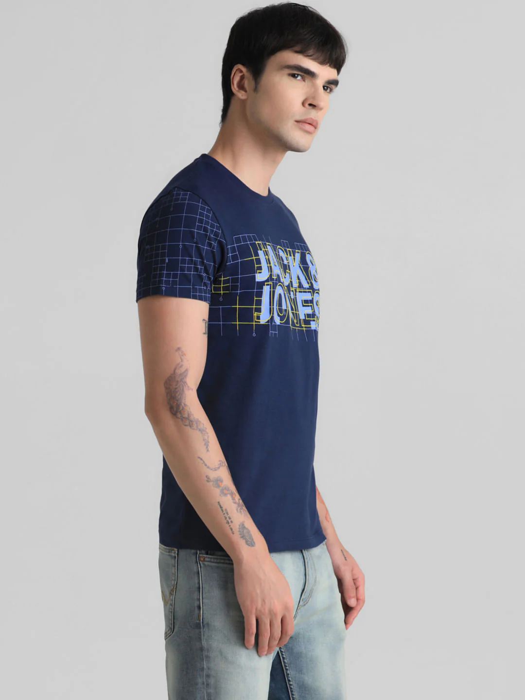 Blue Grid Print Crew Neck T-shirt - Image 3