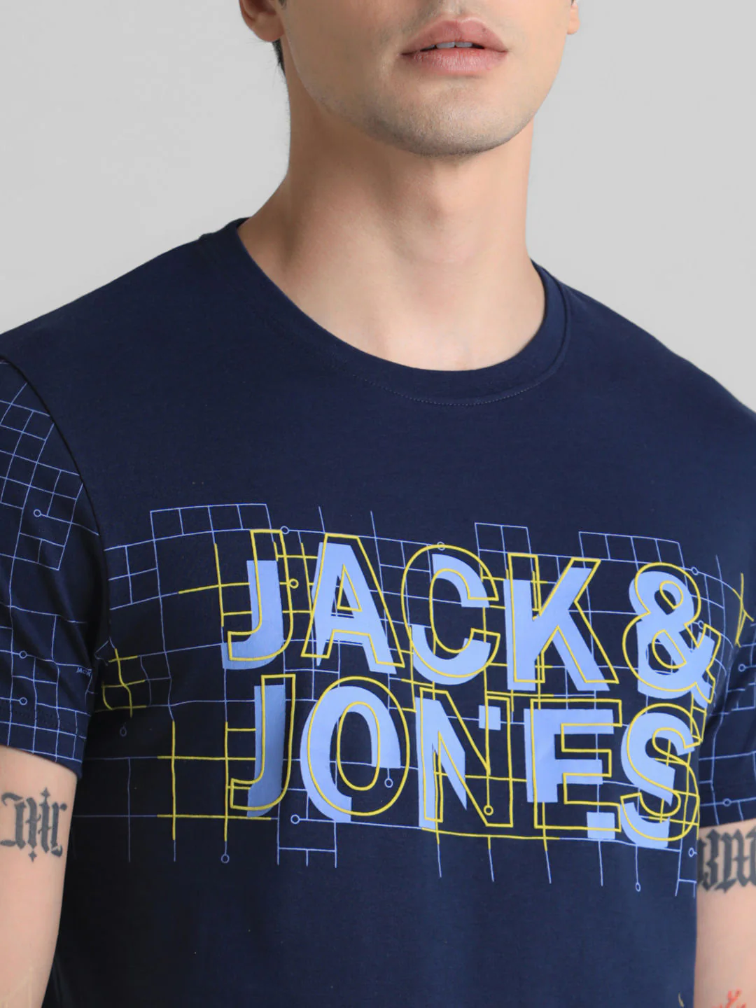 Blue Grid Print Crew Neck T-shirt - Image 5