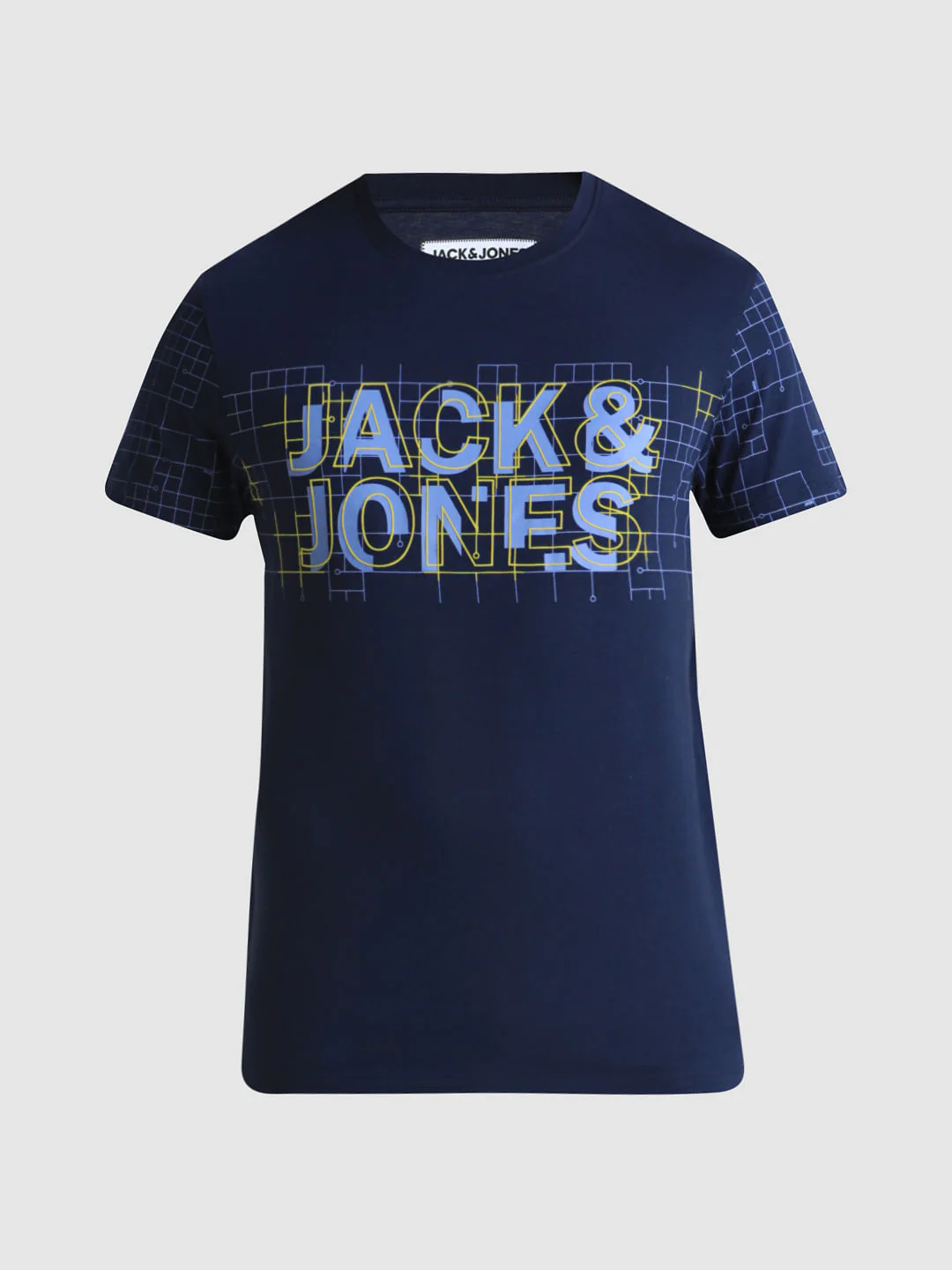 Blue Grid Print Crew Neck T-shirt - Image 7