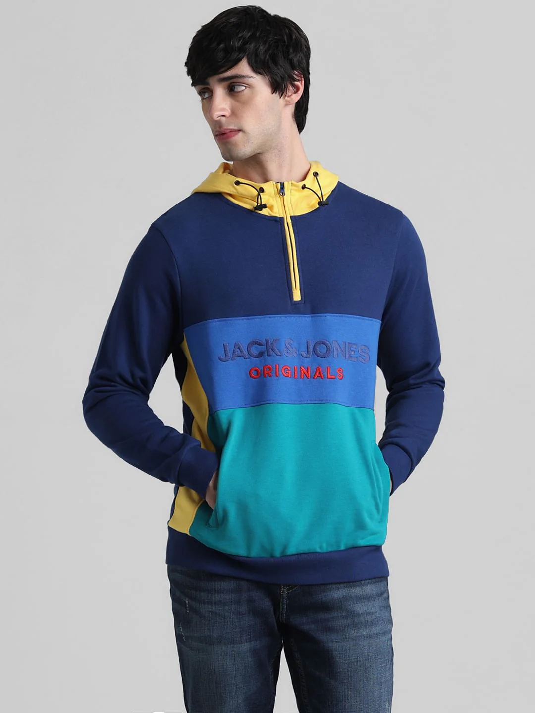 Blue Colourblocked Hooded Sweatshirt - Image 2