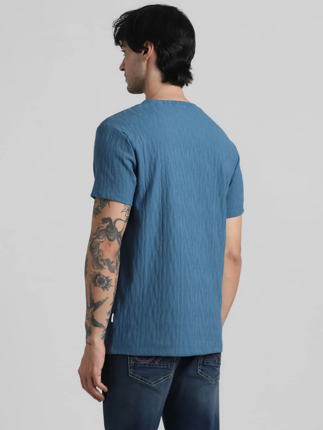 Blue Jacquard Crew Neck T-shirt - Image 4