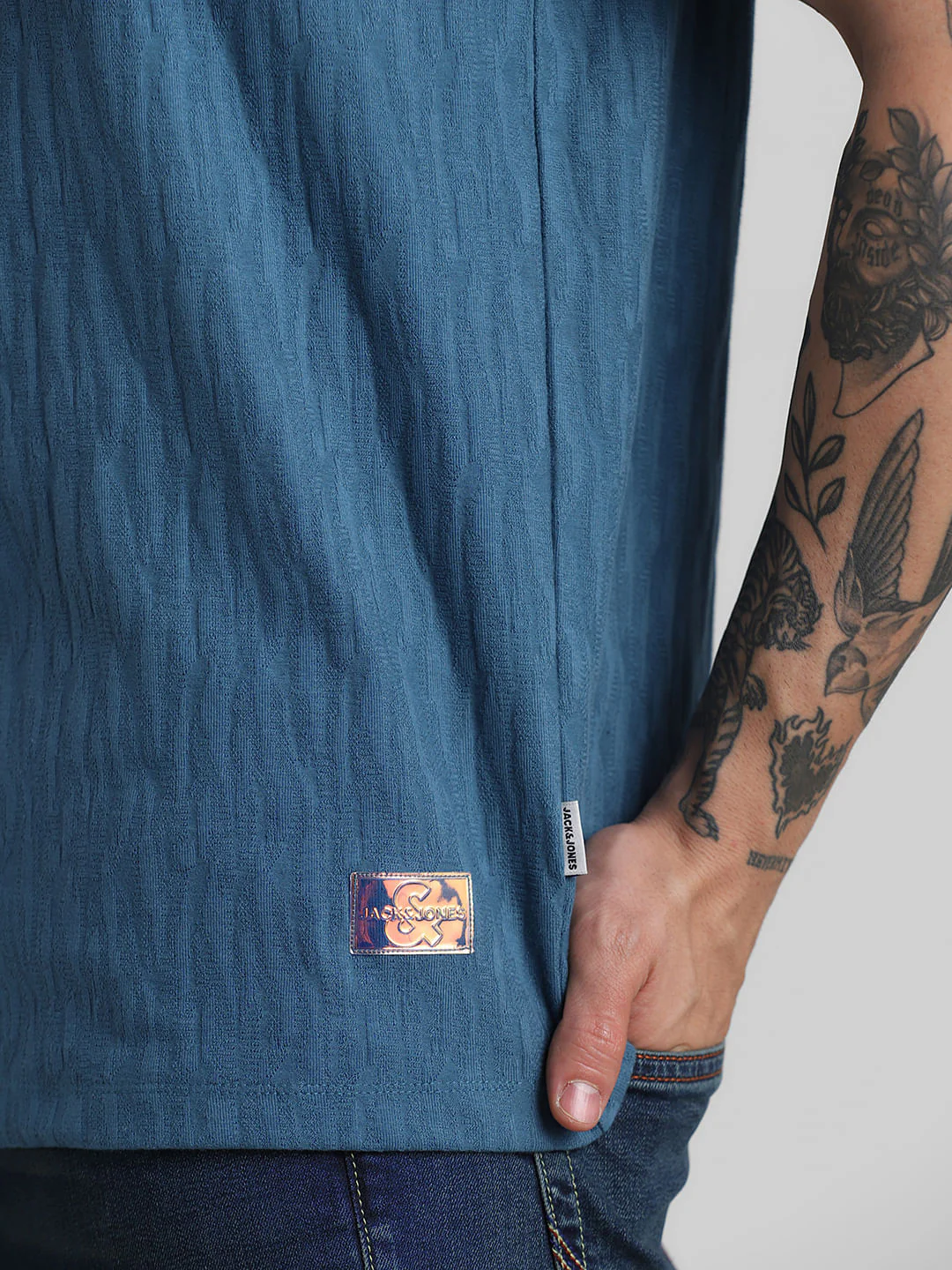 Blue Jacquard Crew Neck T-shirt - Image 6