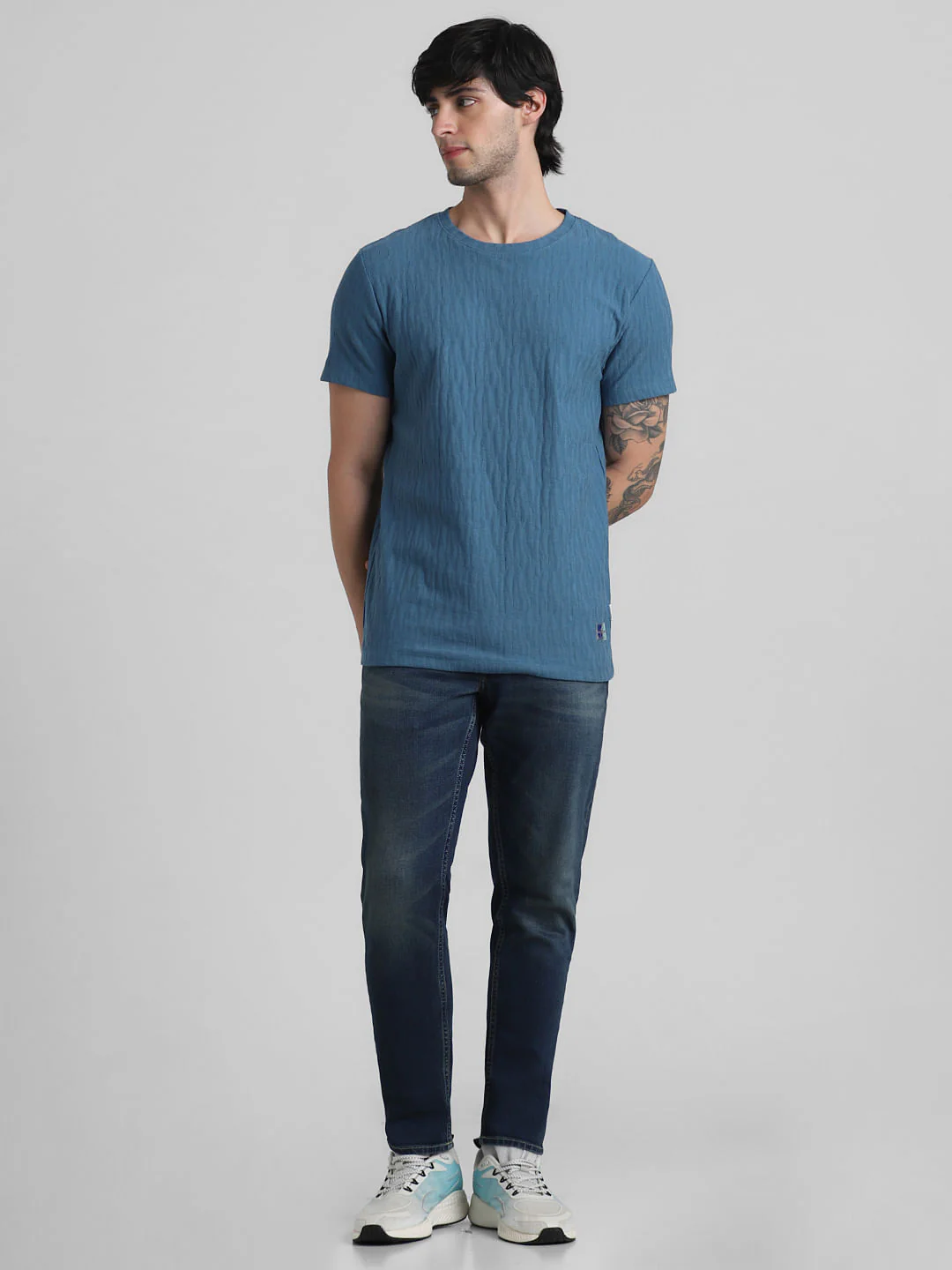 Blue Jacquard Crew Neck T-shirt - Image 7