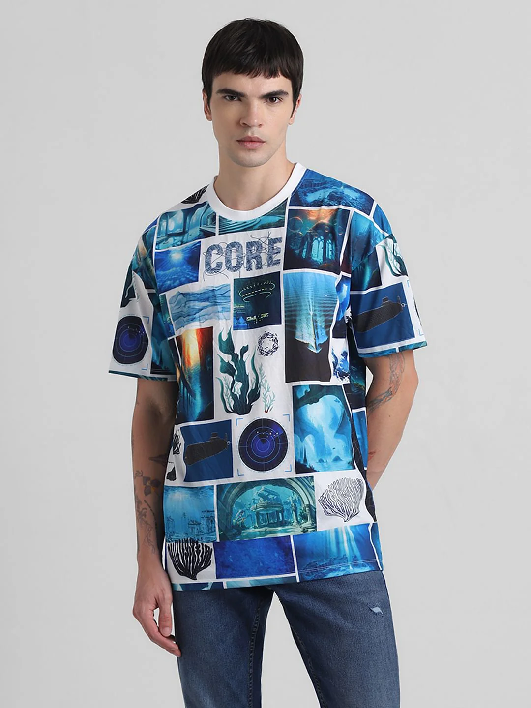 Blue Collage Print Oversized T-shirt - Image 2