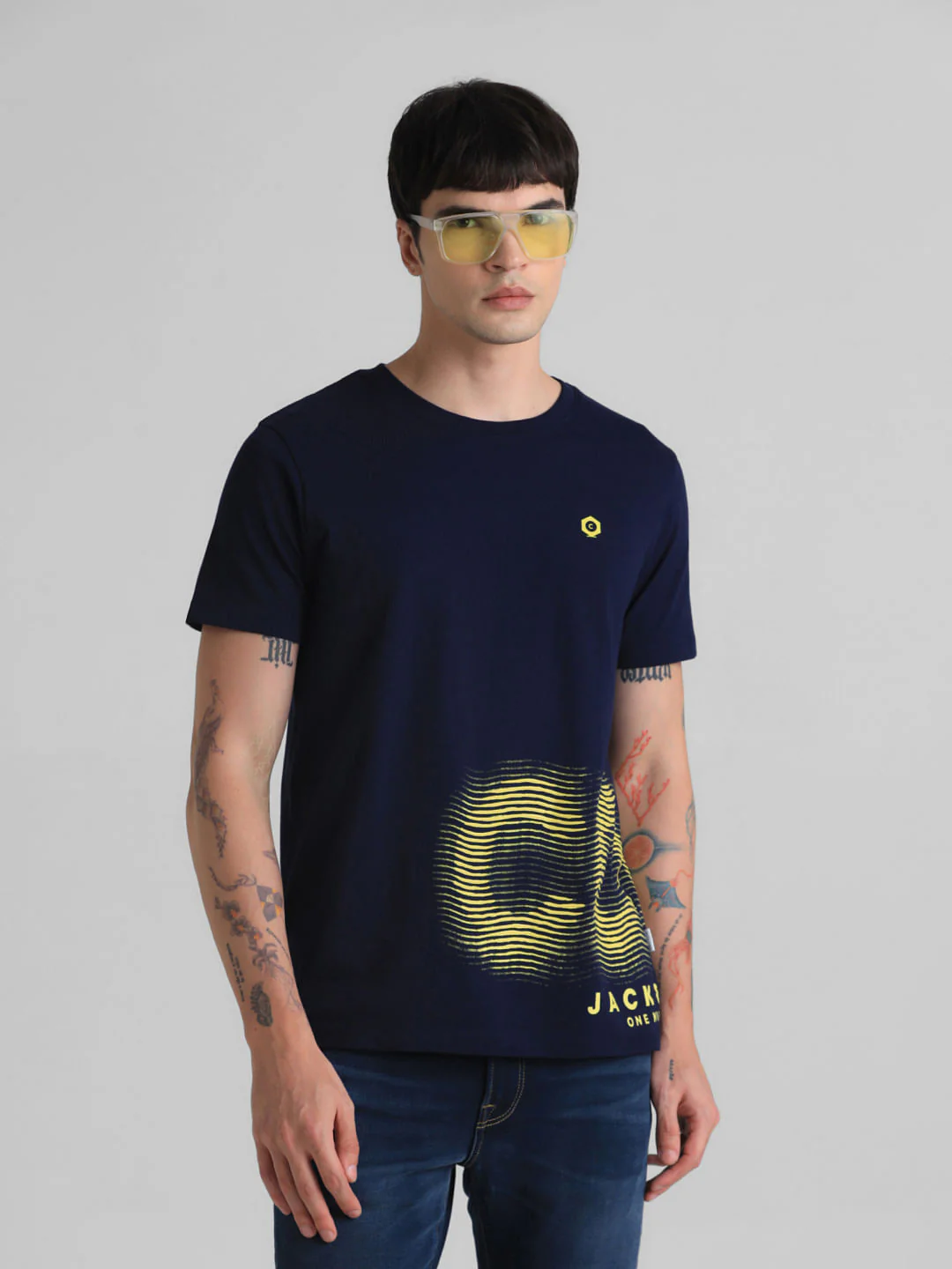Dark Blue Printed Crew Neck T-shirt