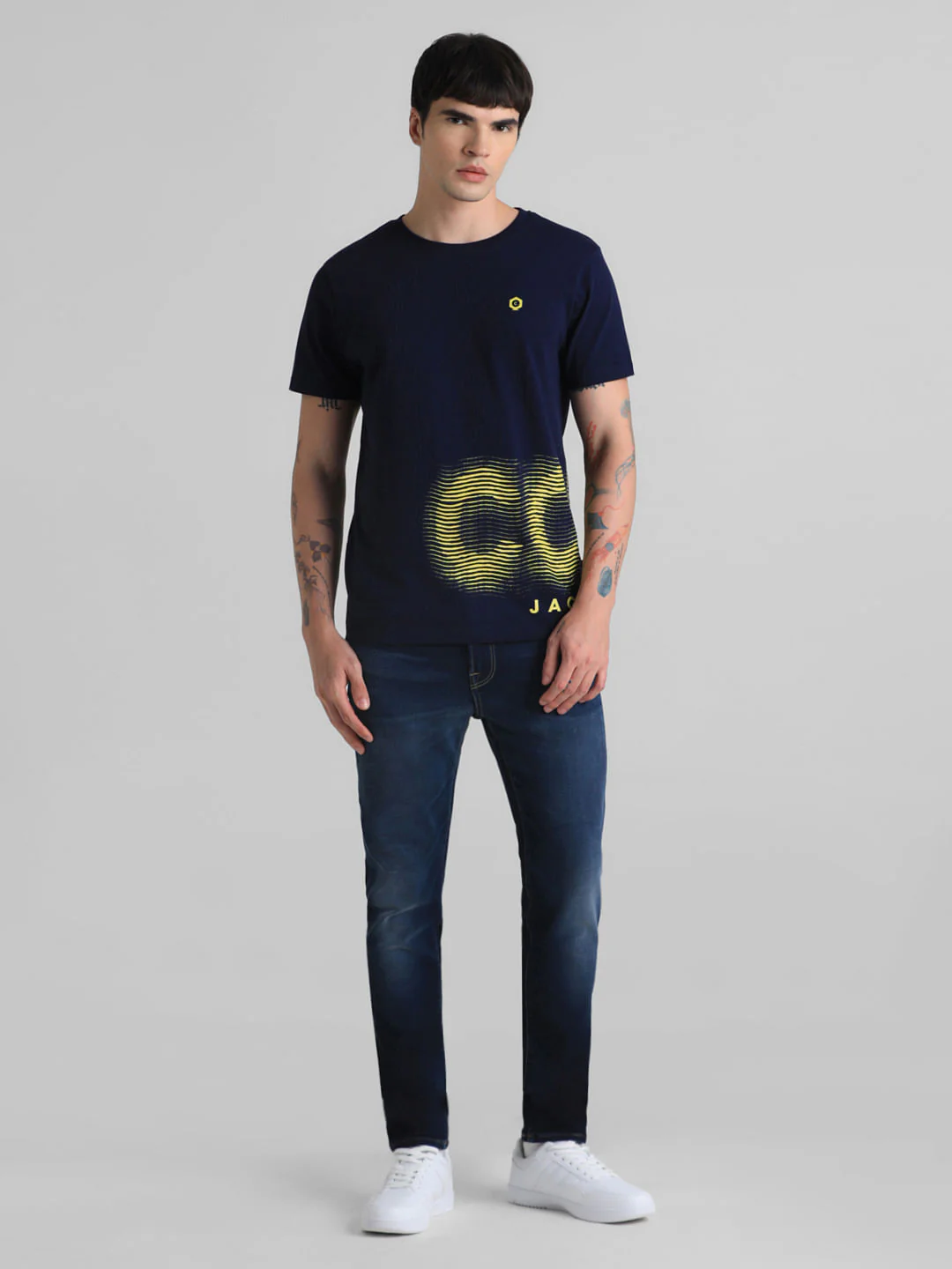Dark Blue Printed Crew Neck T-shirt - Image 6