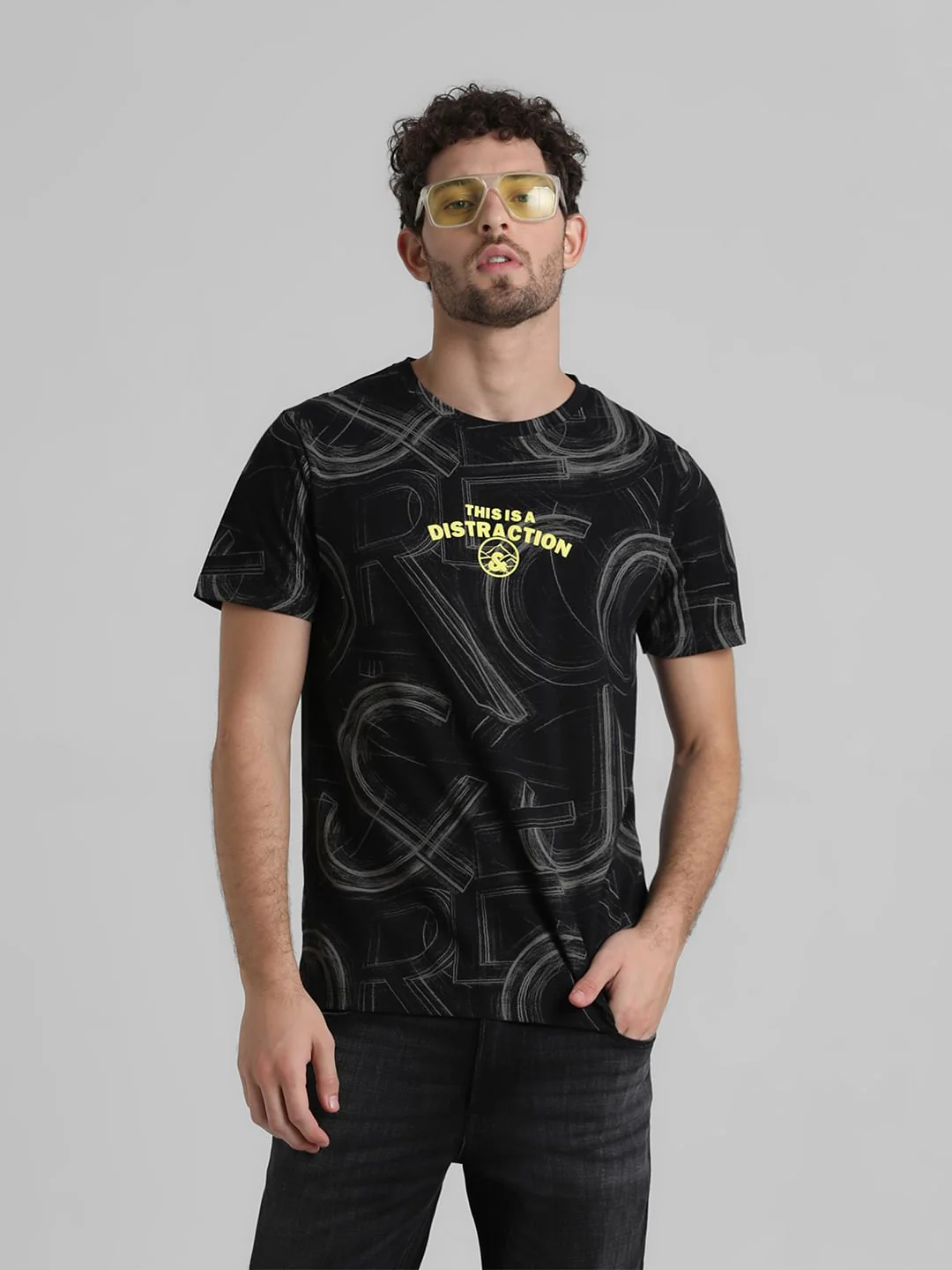 Black Text Print Crew Neck T-shirt