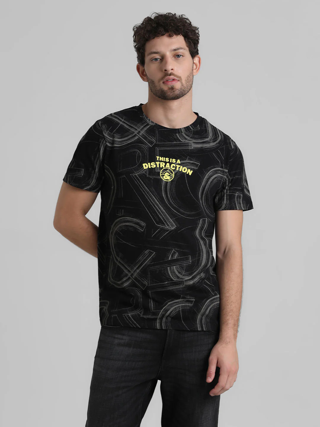 Black Text Print Crew Neck T-shirt - Image 2