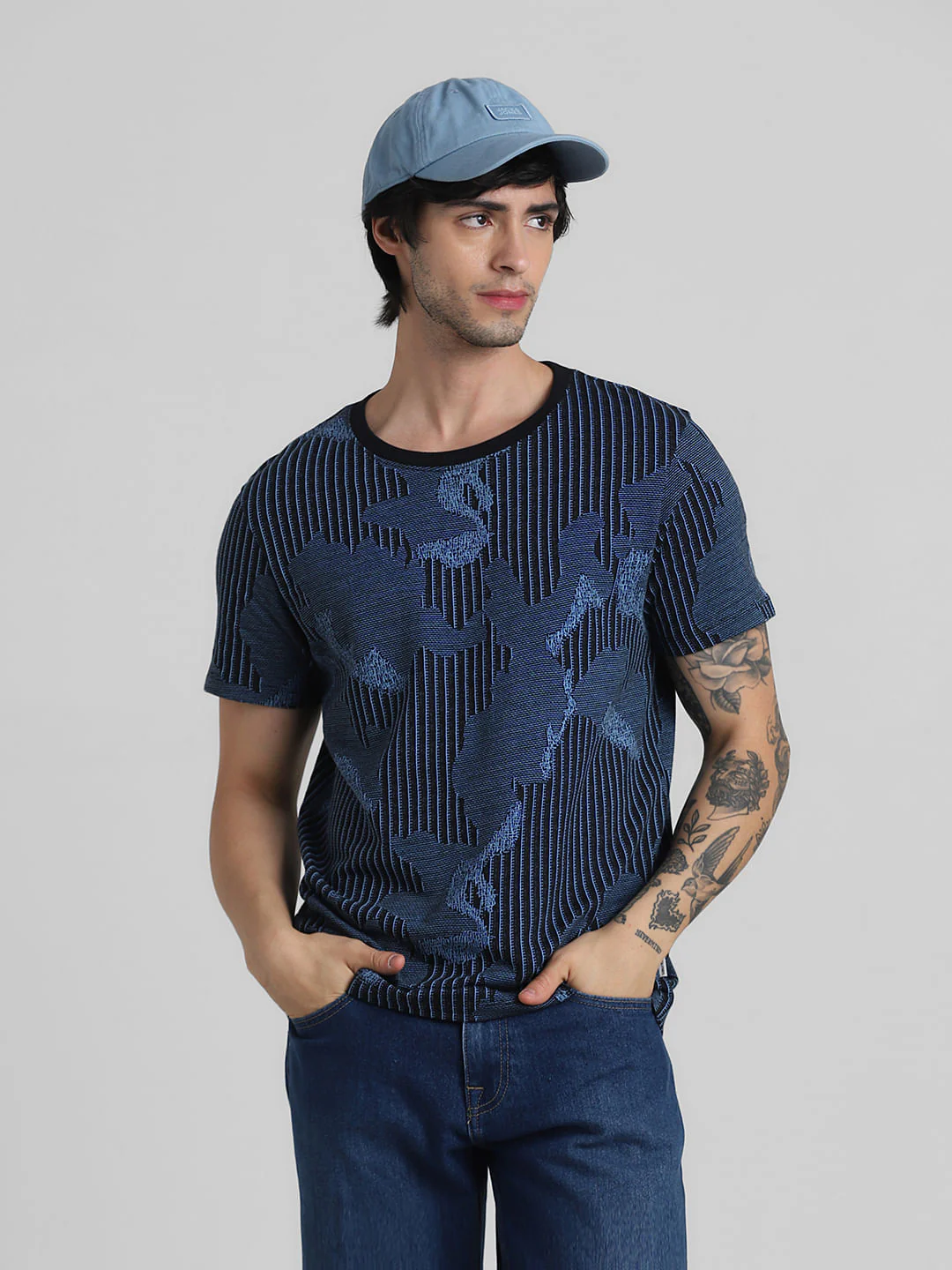 Blue Camo-Grid Jacquard T-shirt