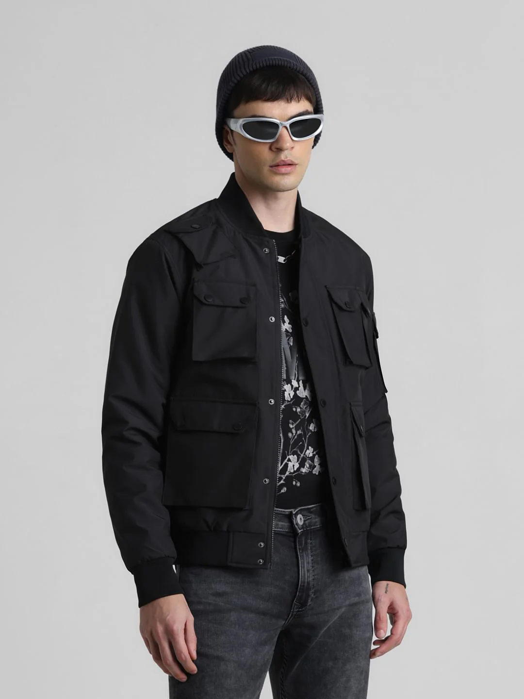 Black Oversized Pockets Bomber Jacket