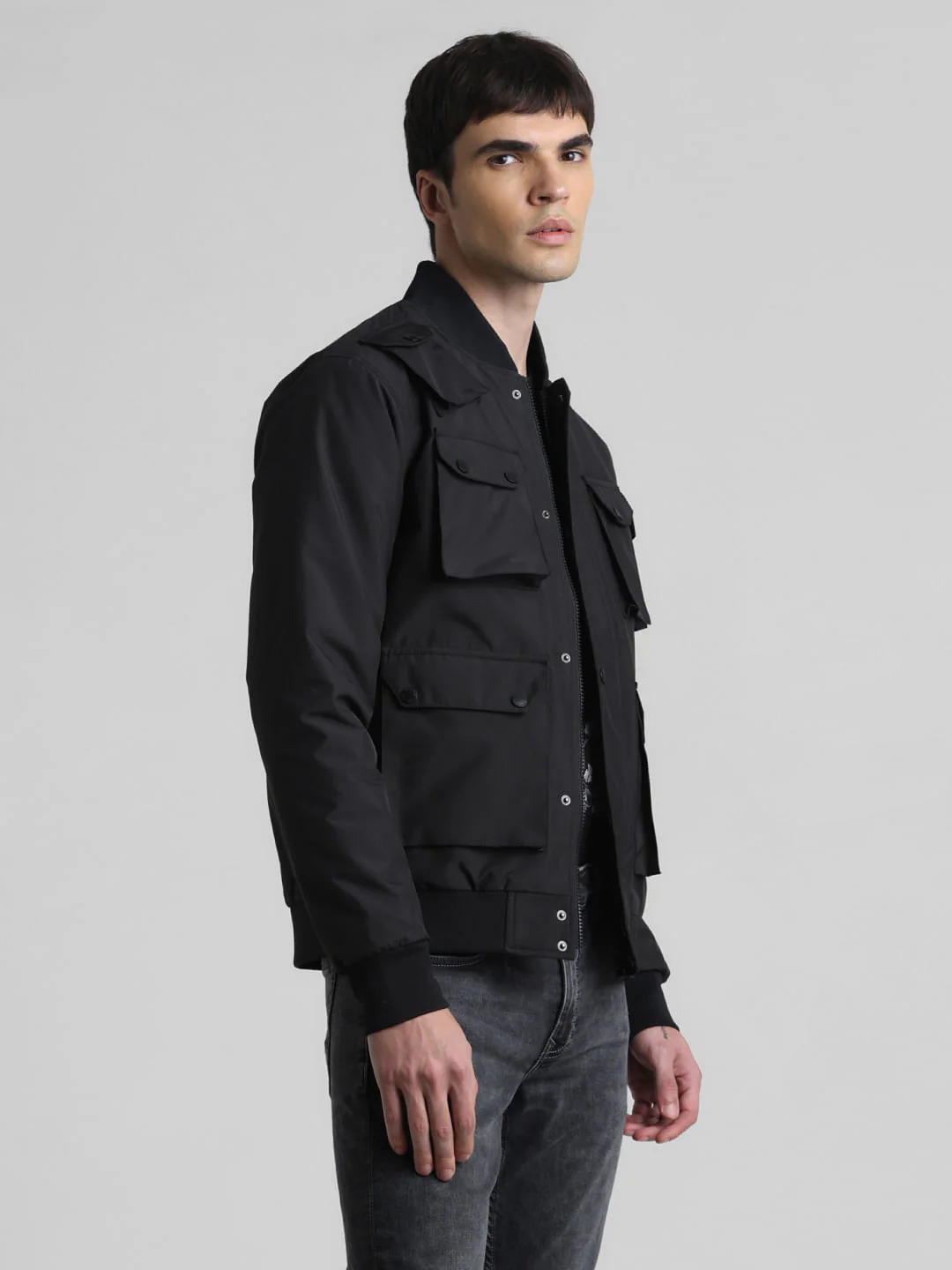 Black Oversized Pockets Bomber Jacket - Image 3