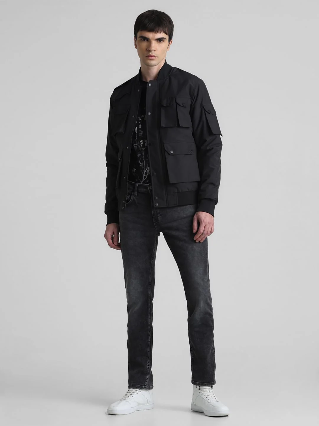 Black Oversized Pockets Bomber Jacket - Image 6