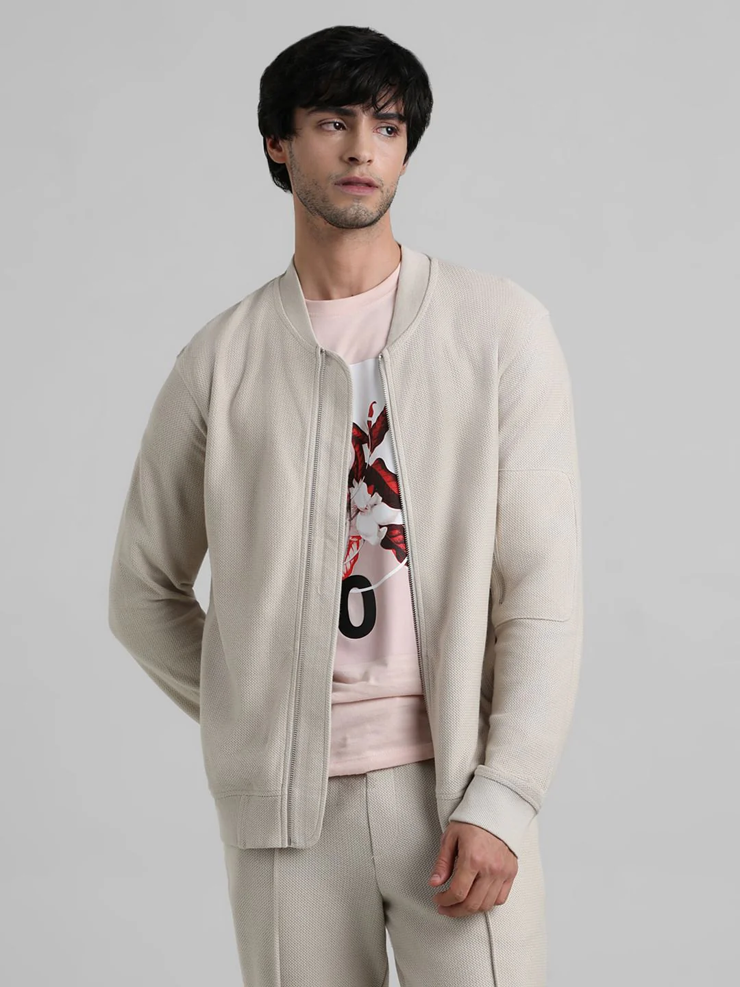 Beige Jacquard Knit Bomber Jacket - Image 2