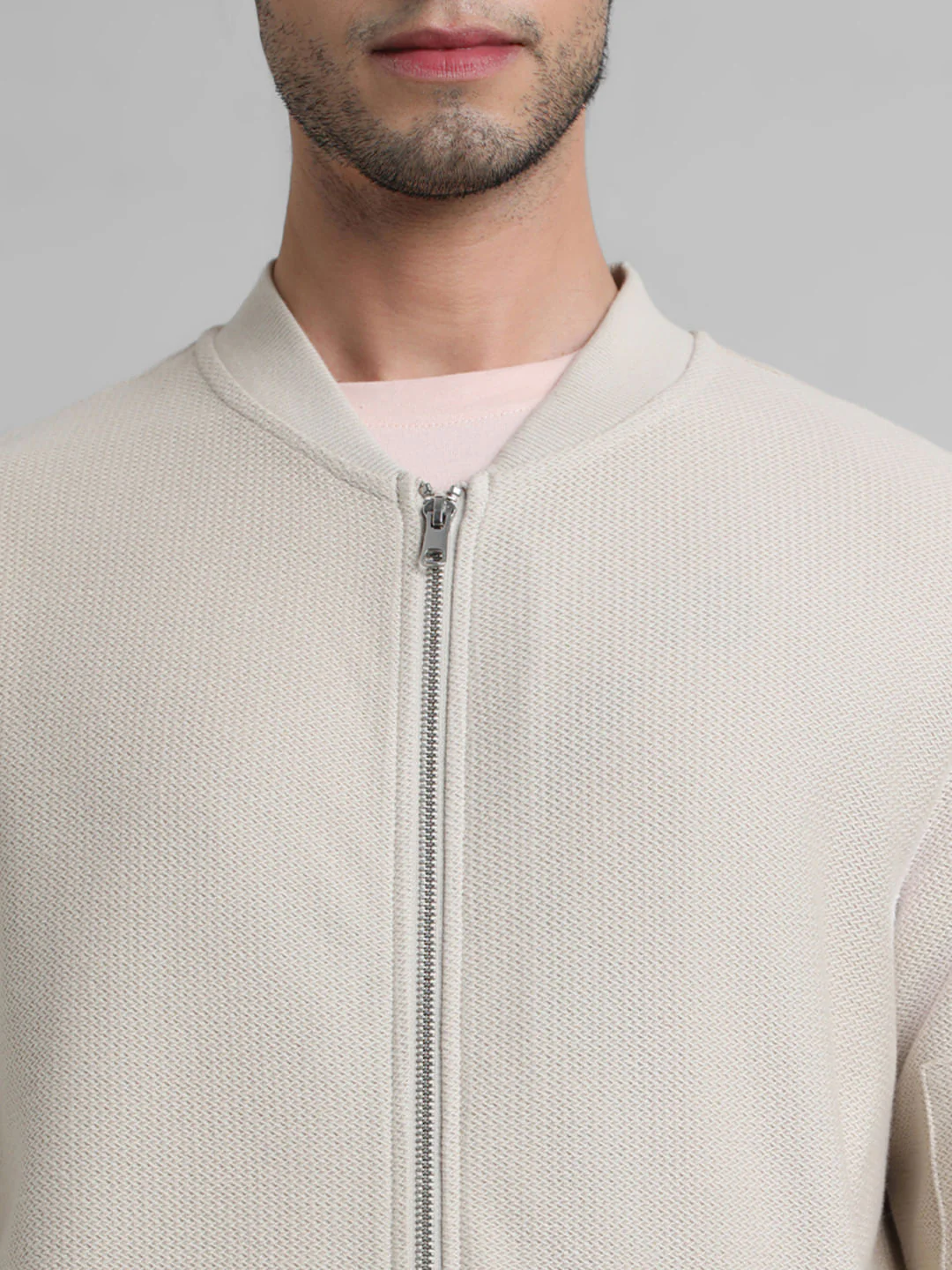 Beige Jacquard Knit Bomber Jacket - Image 5